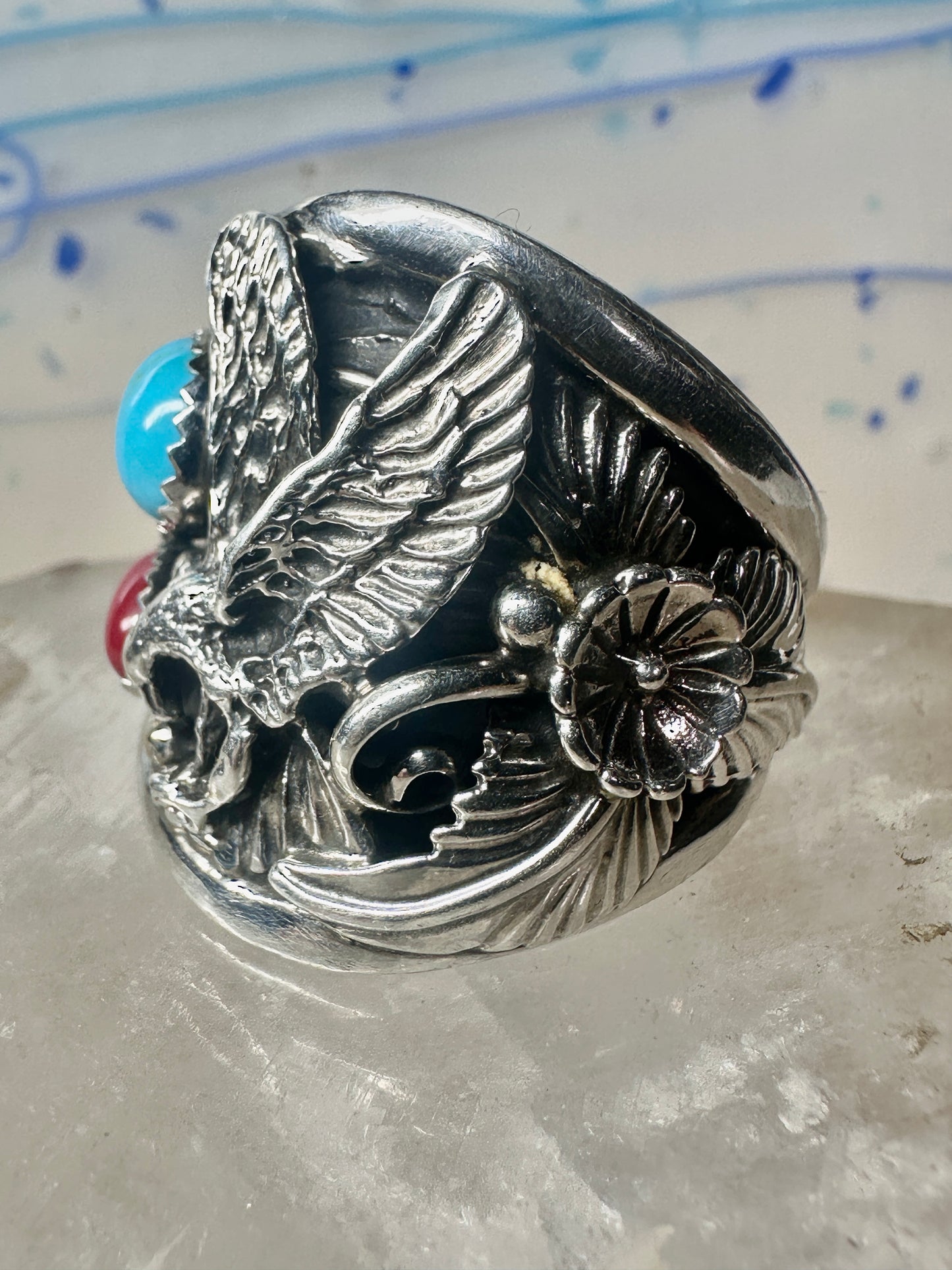 Eagle ring turquoise coral Navajo size 13.50 signed A sterling silver men