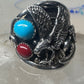 Eagle ring turquoise coral Navajo size 13.50 signed A sterling silver men