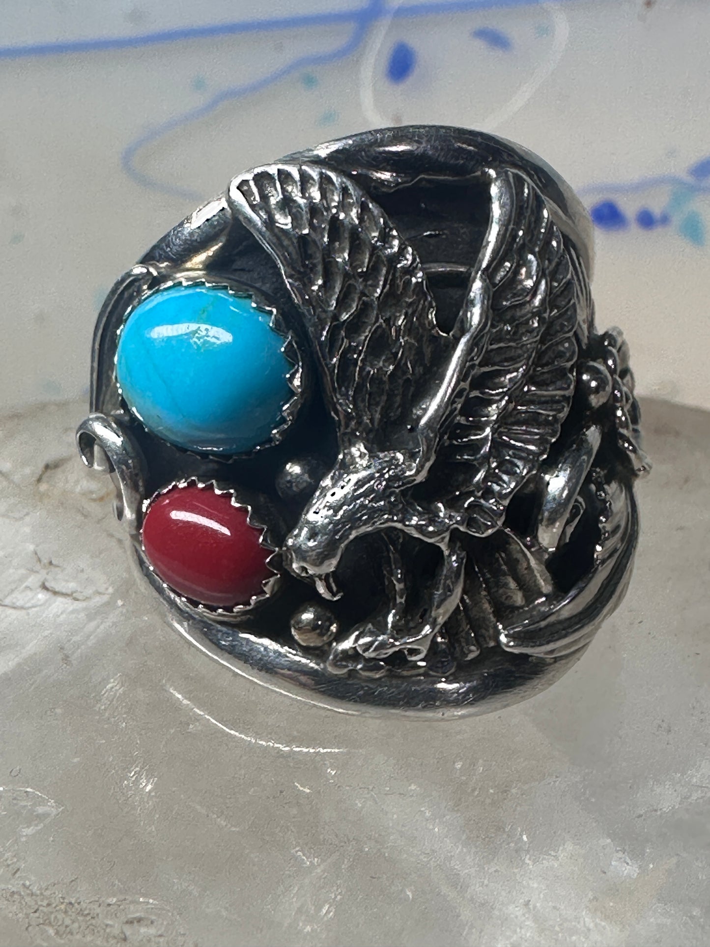 Eagle ring turquoise coral Navajo size 13.50 signed A sterling silver men