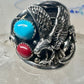 Eagle ring turquoise coral Navajo size 13.50 signed A sterling silver men