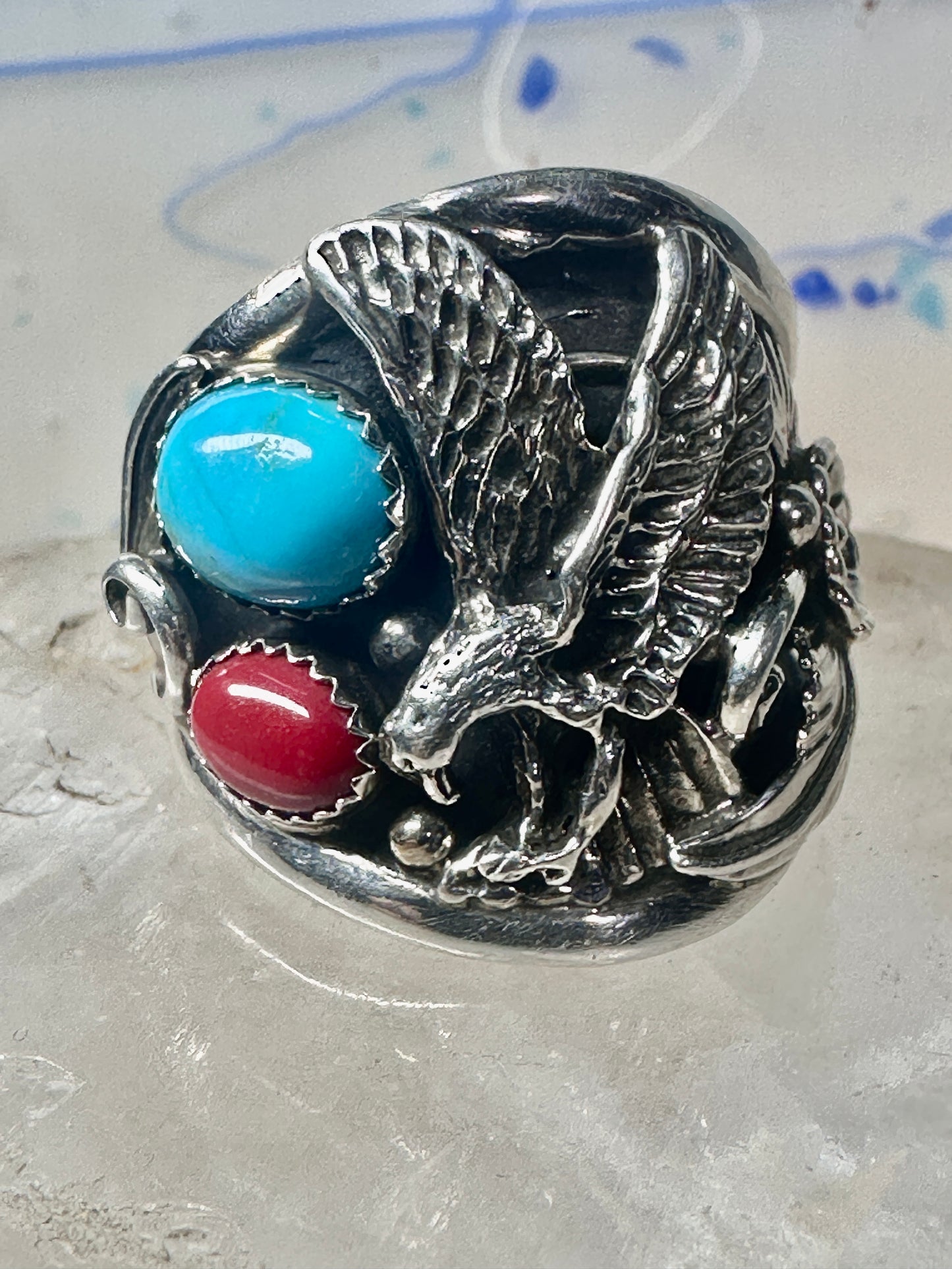 Eagle ring turquoise coral Navajo size 13.50 signed A sterling silver men