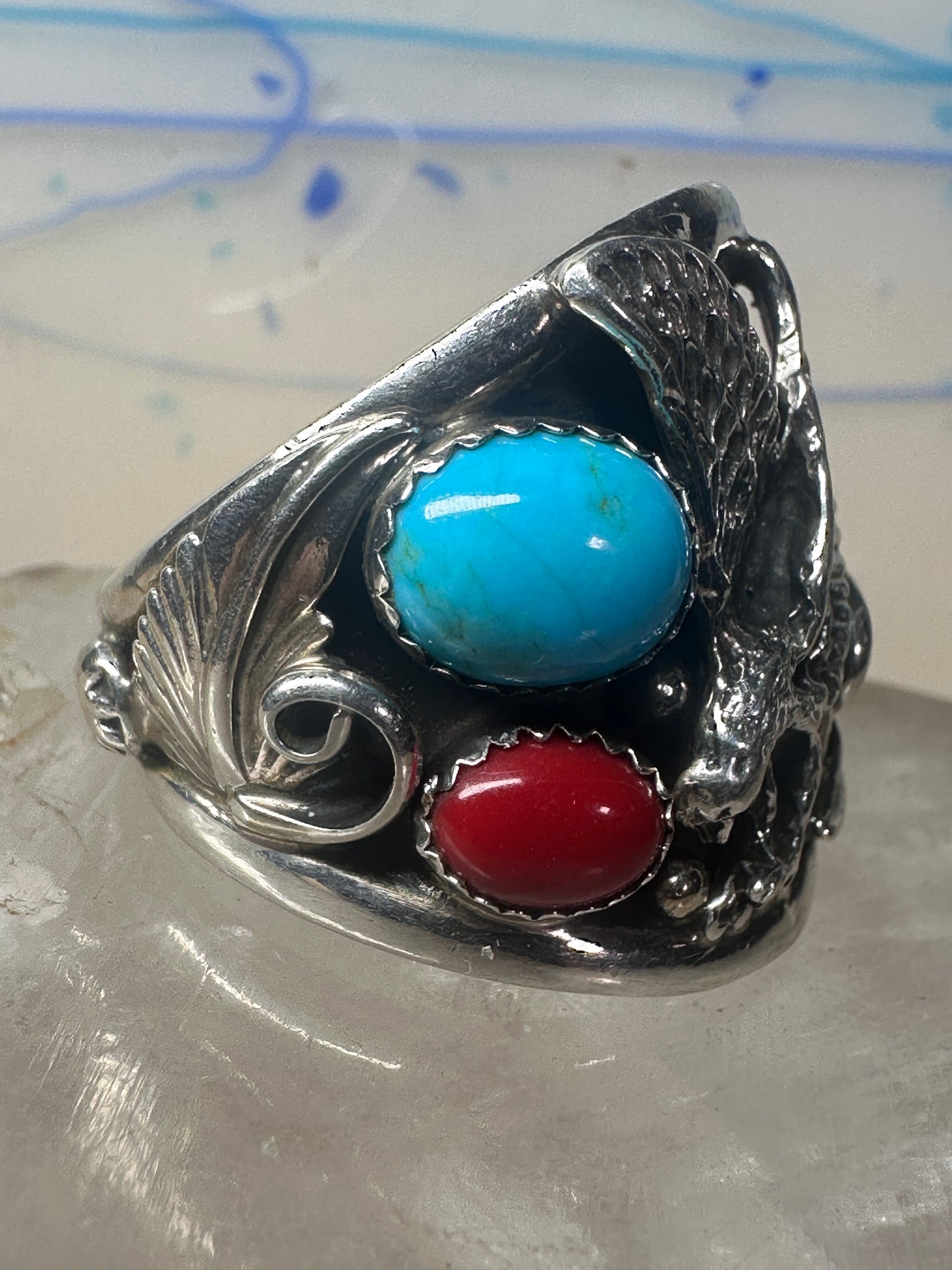 Eagle ring turquoise coral Navajo size 13.50 signed A sterling silver men