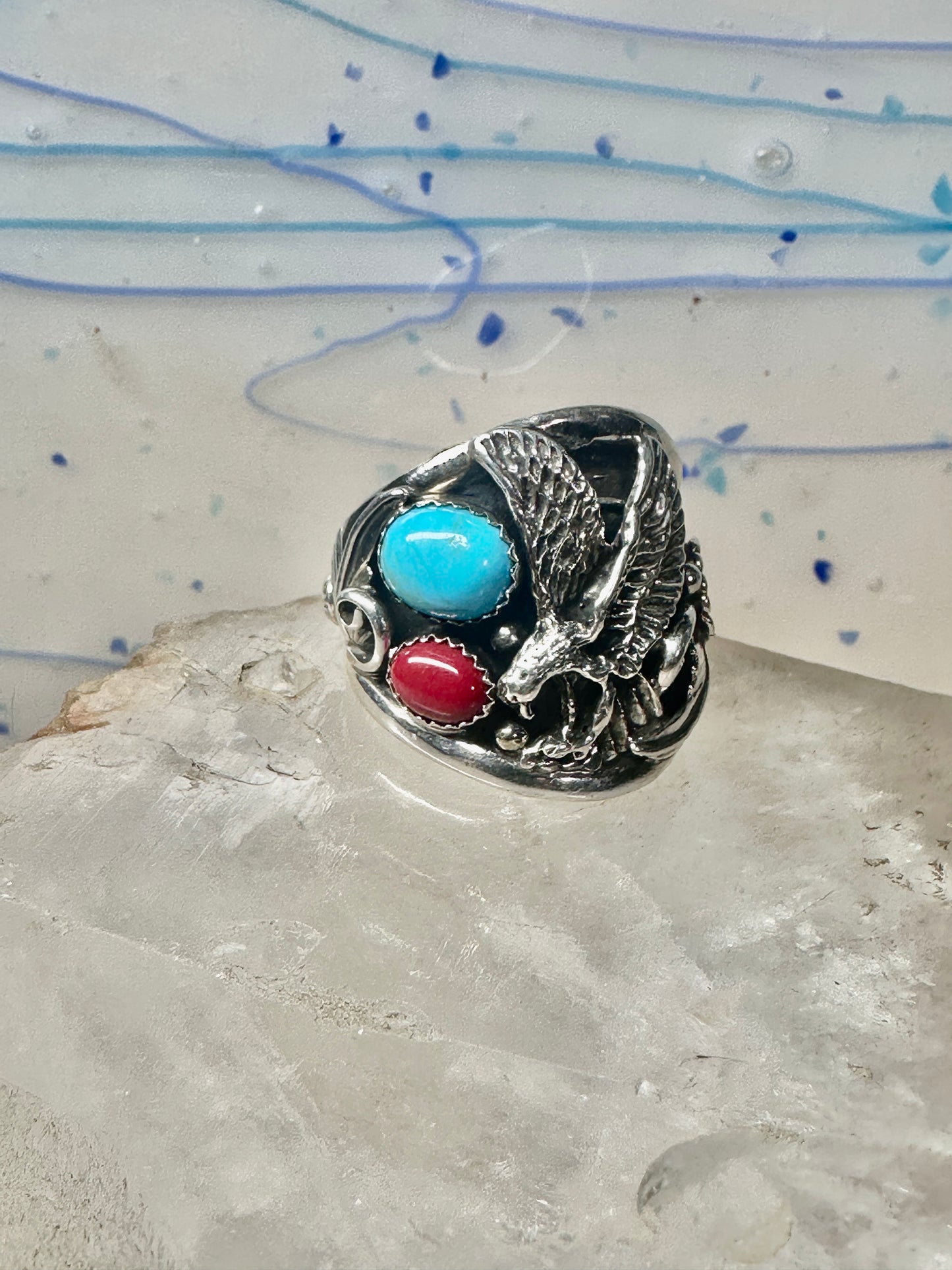 Eagle ring turquoise coral Navajo size 13.50 signed A sterling silver men