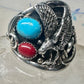 Eagle ring turquoise coral Navajo size 13.50 signed A sterling silver men