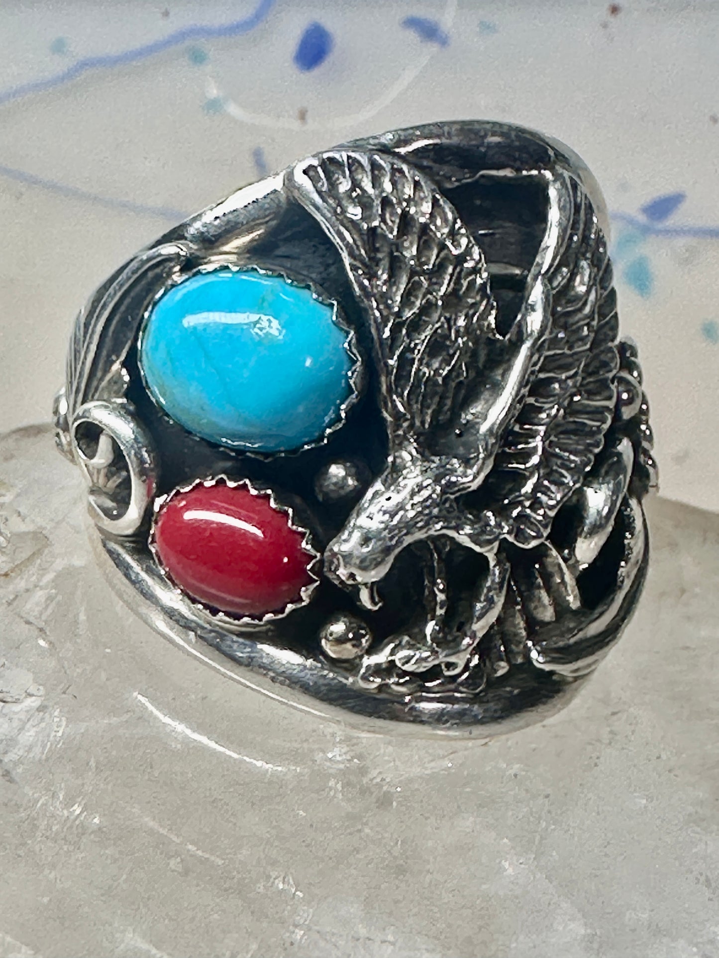 Eagle ring turquoise coral Navajo size 13.50 signed A sterling silver men