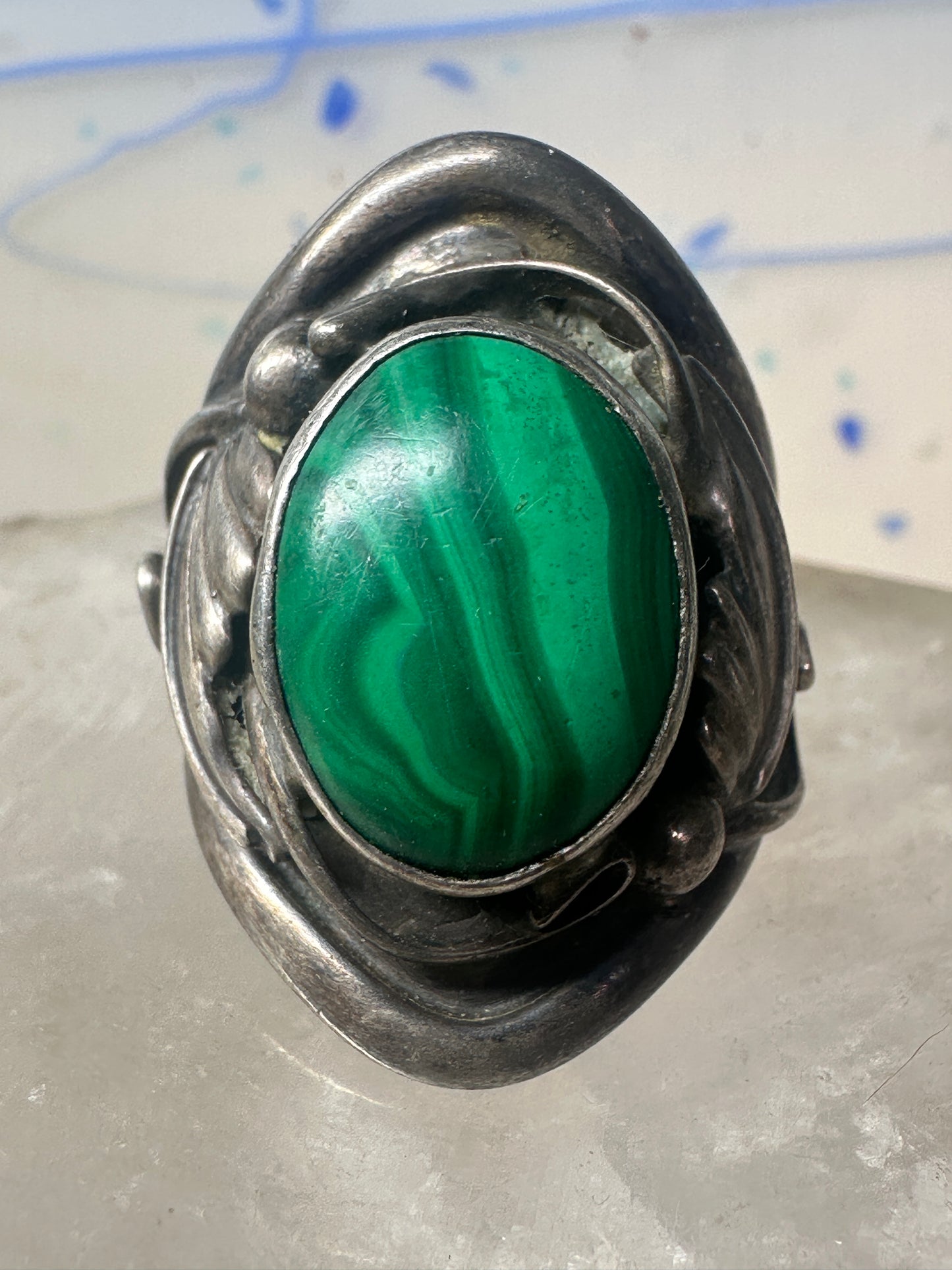 Malachite ring leaves feathers Navajo size 8 sterling silver women men