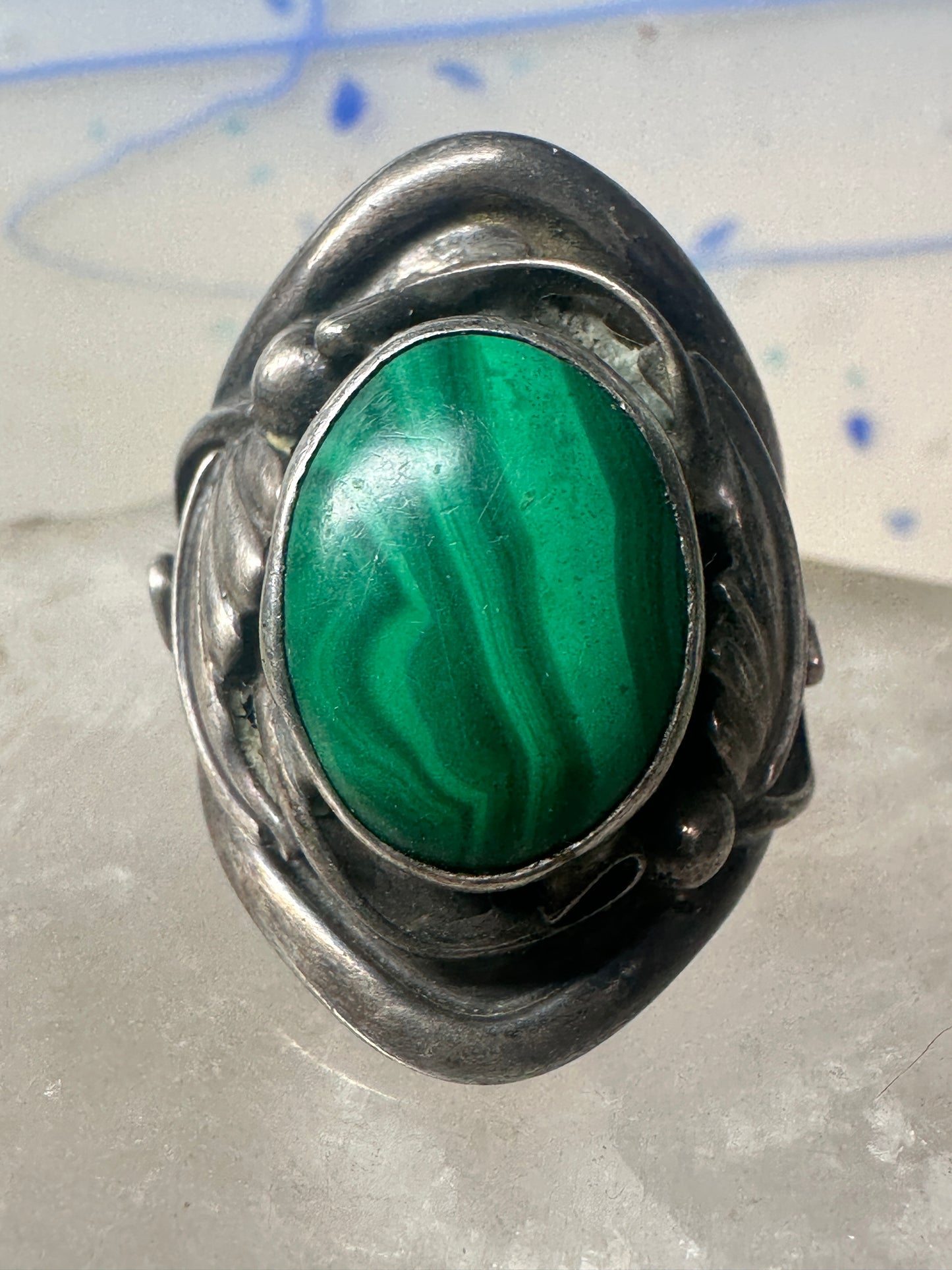 Malachite ring leaves feathers Navajo size 8 sterling silver women men