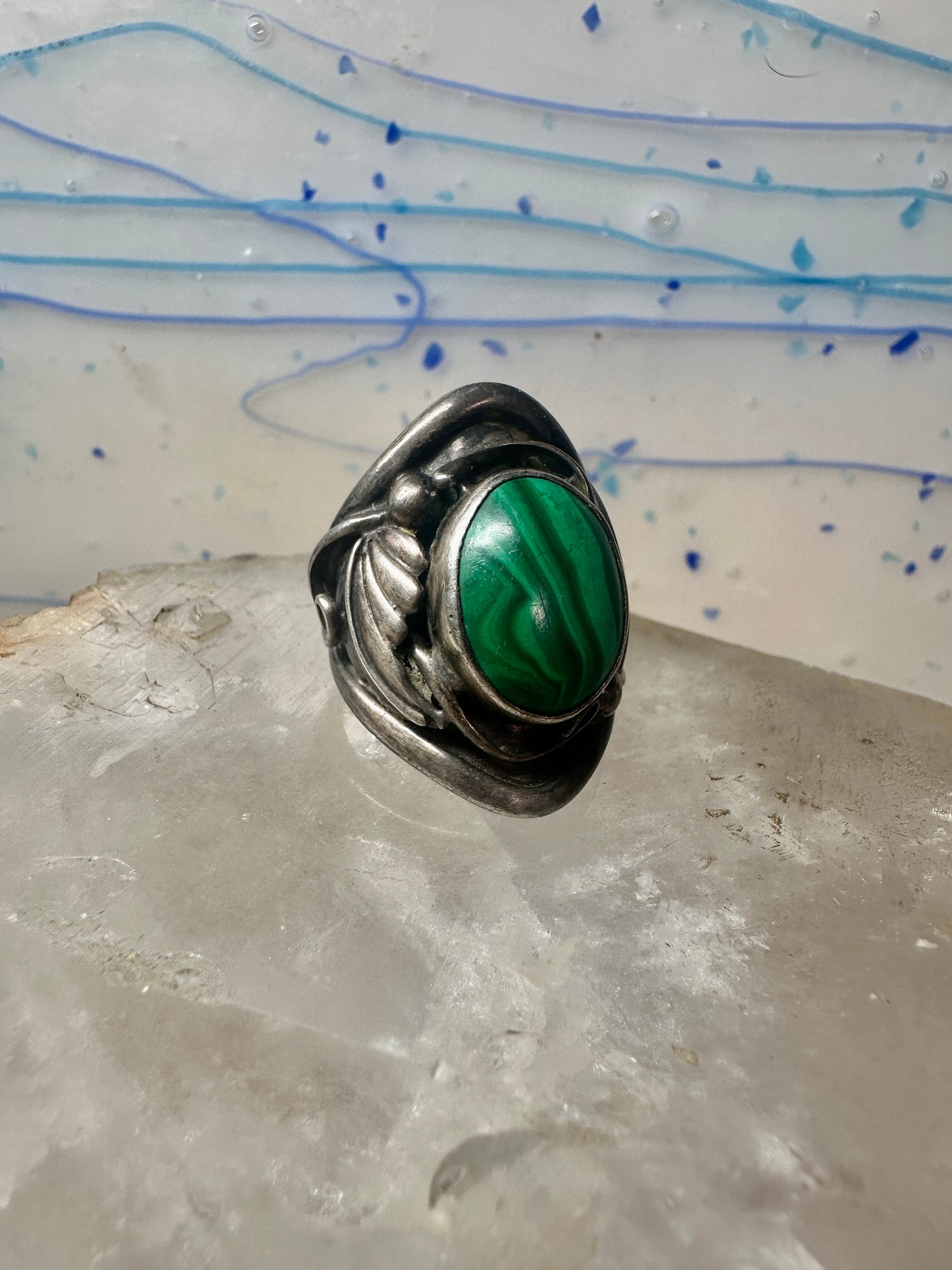 Malachite ring leaves feathers Navajo size 8 sterling silver women men