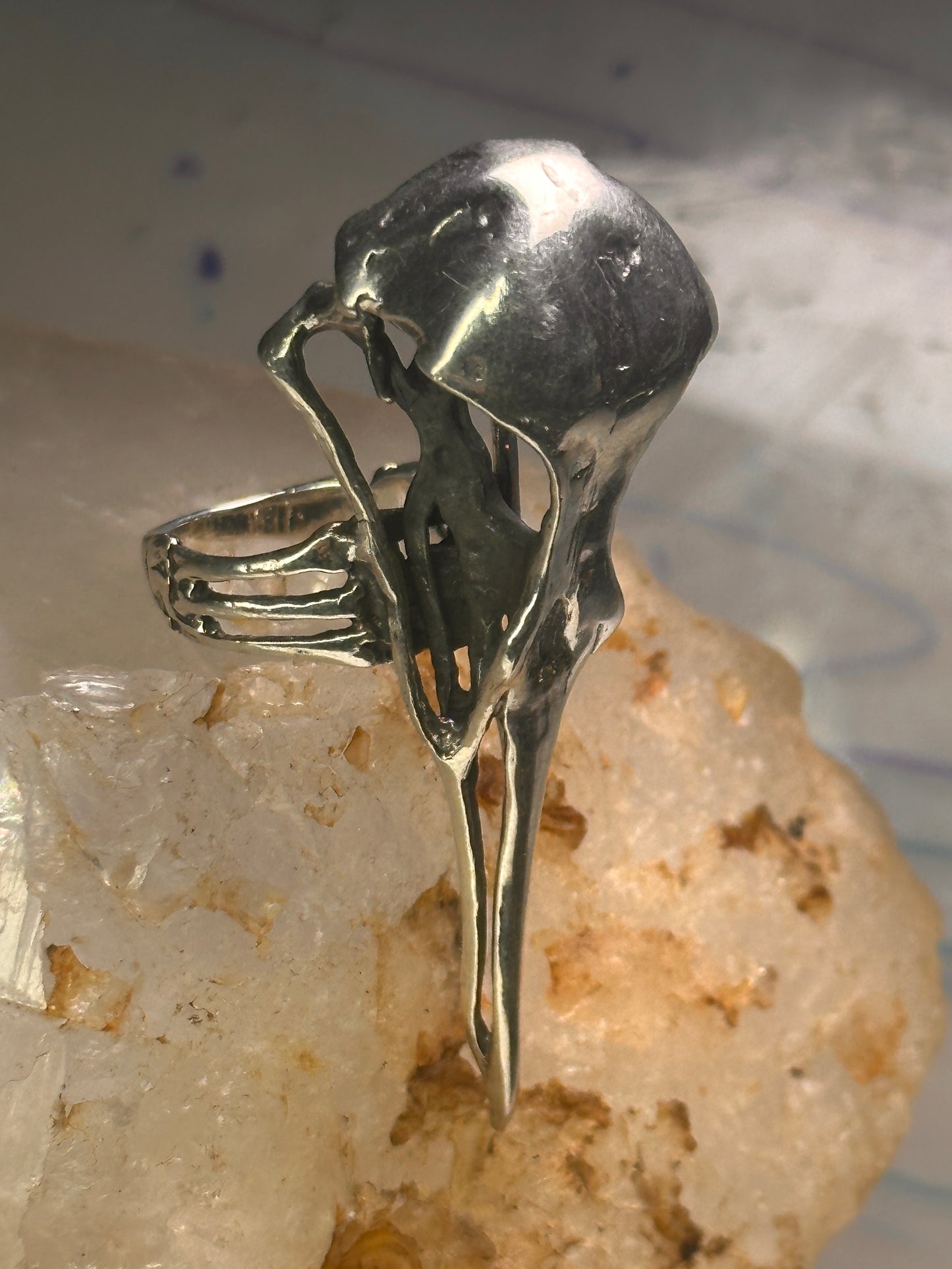 Skull Bird Ring Raven long band size 7.75 sterling silver women