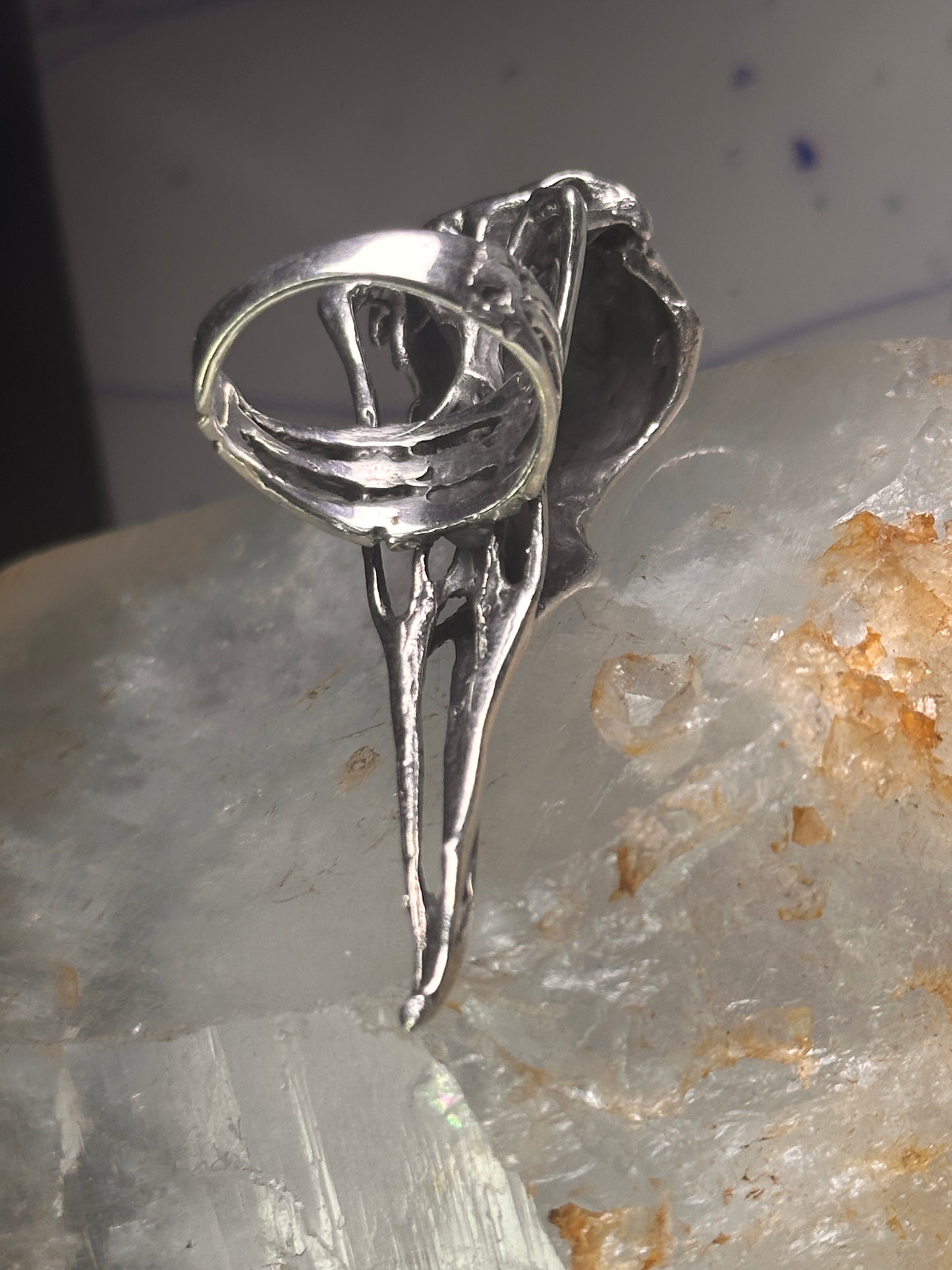 Skull Bird Ring Raven long band size 7.75 sterling silver women