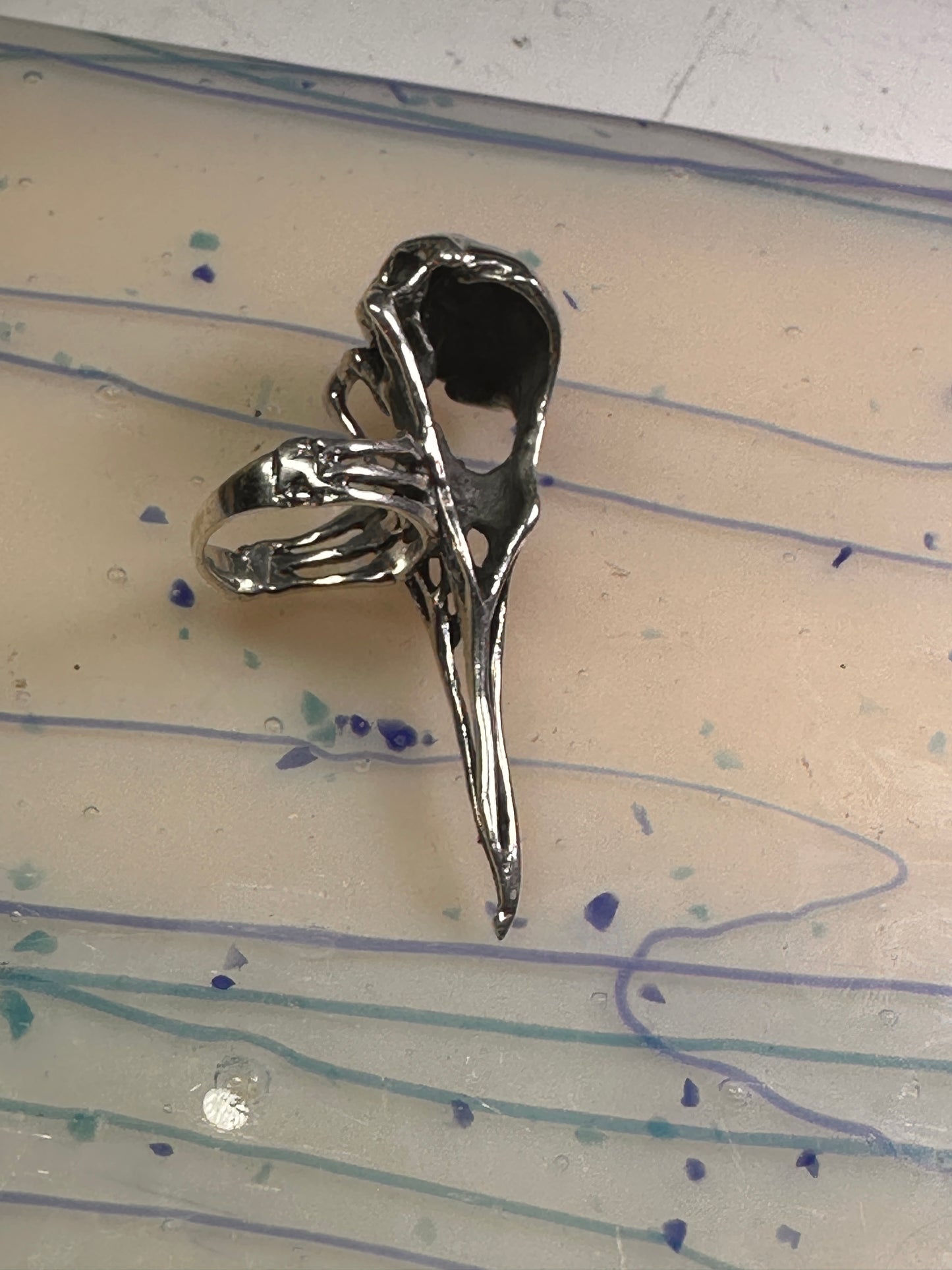 Skull Bird Ring Raven long band size 7.75 sterling silver women