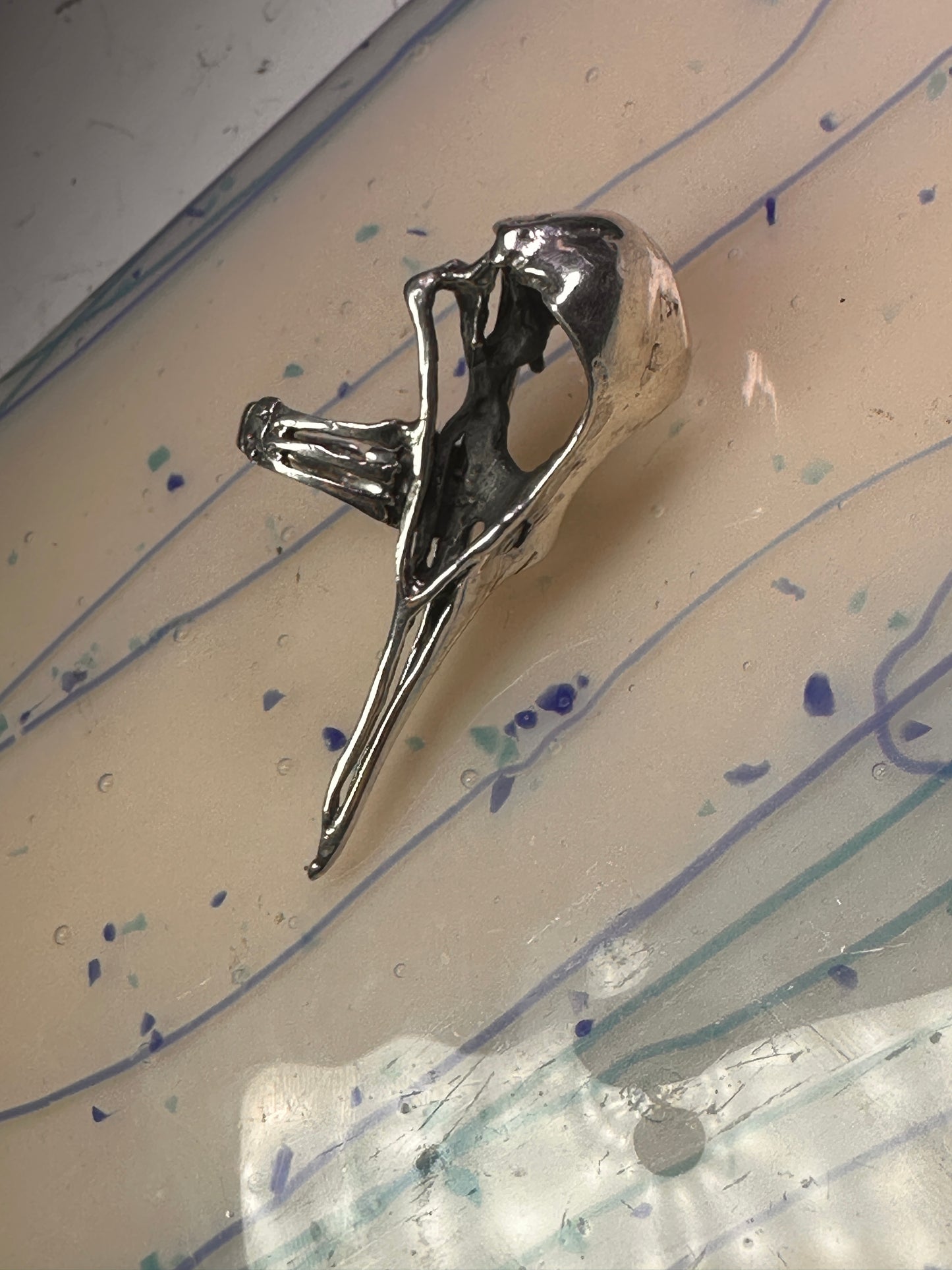 Skull Bird Ring Raven long band size 7.75 sterling silver women