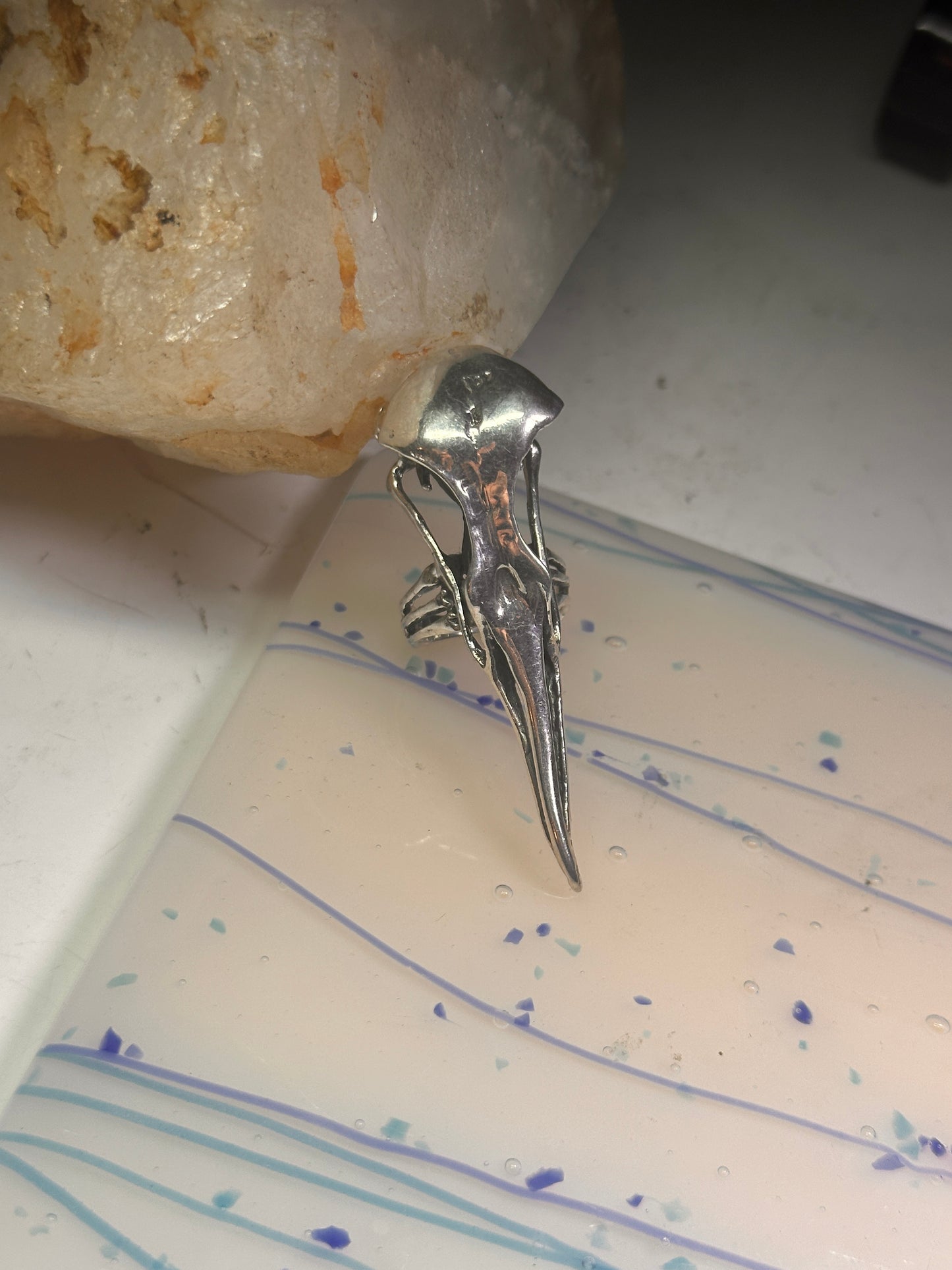 Skull Bird Ring Raven long band size 7.75 sterling silver women