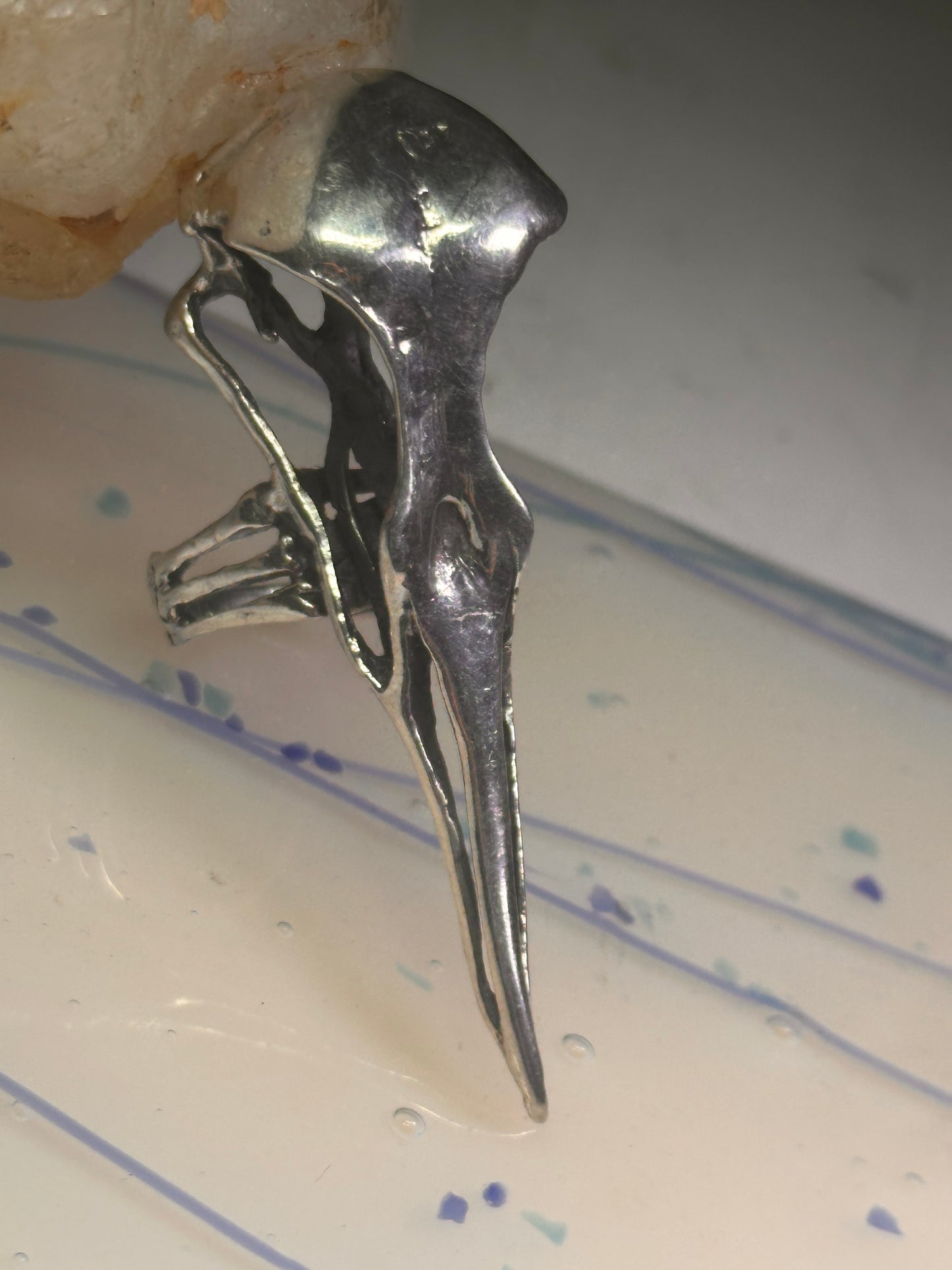 Skull Bird Ring Raven long band size 7.75 sterling silver women