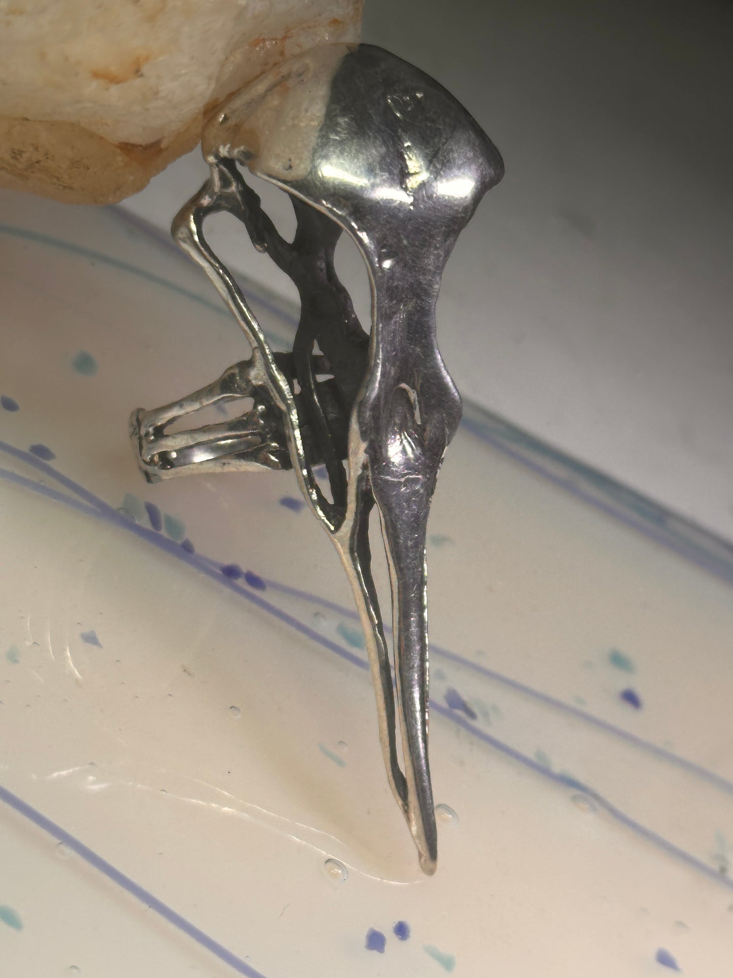 Skull Bird Ring Raven long band size 7.75 sterling silver women