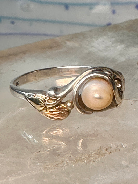 Black Hills Gold ring size 8 Pearl leaves band sterling silver women