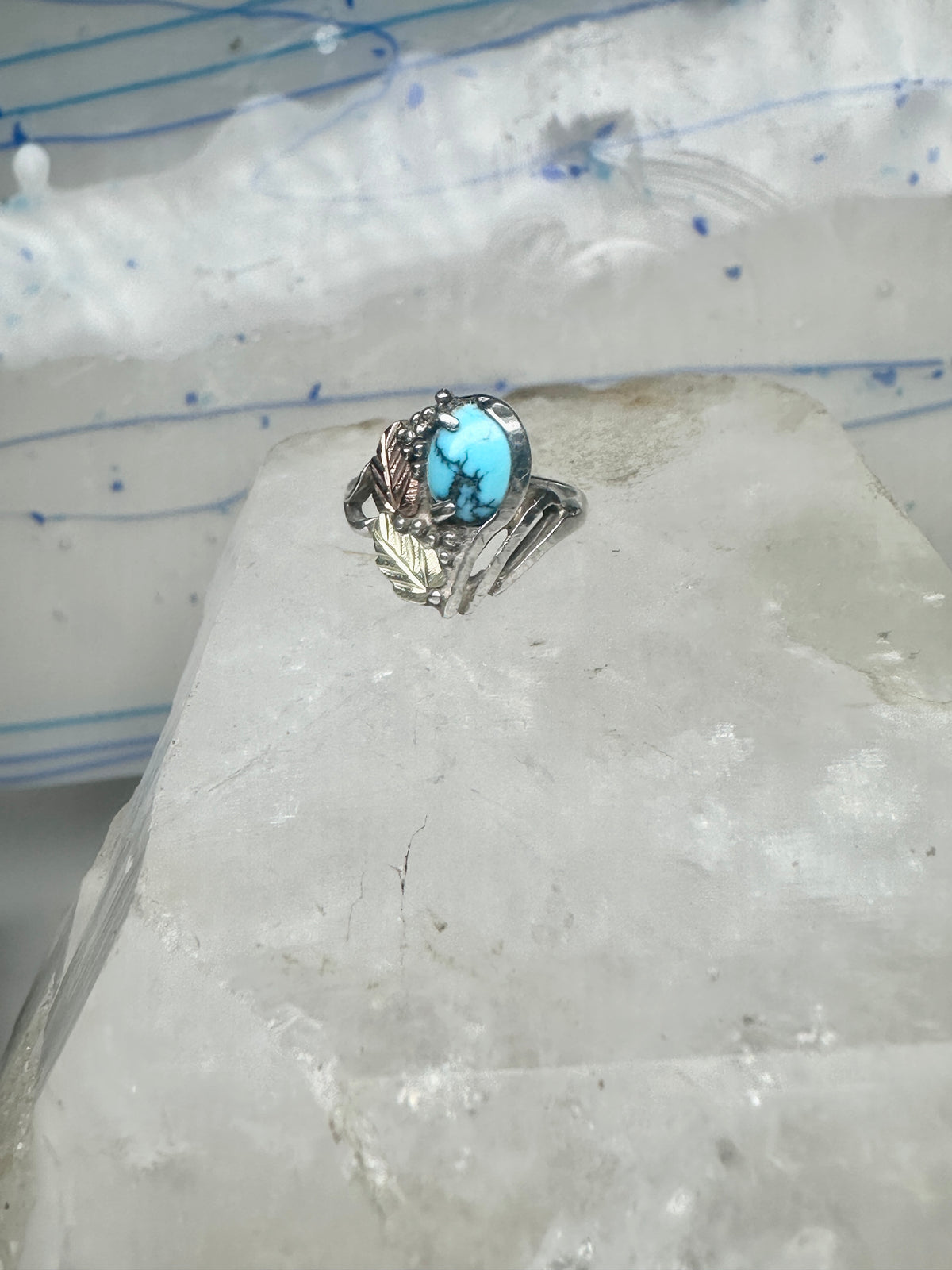 Vintage Sterling Silver Sleeping Beauty Turquoise Black Hills Gold Leaf Ring Size 5 925