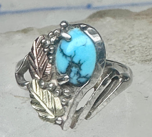 Vintage Sterling Silver Sleeping Beauty Turquoise Black Hills Gold Leaf Ring Size 5 925