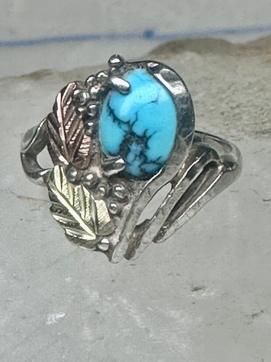 Vintage Sterling Silver Sleeping Beauty Turquoise Black Hills Gold Leaf Ring Size 5 925