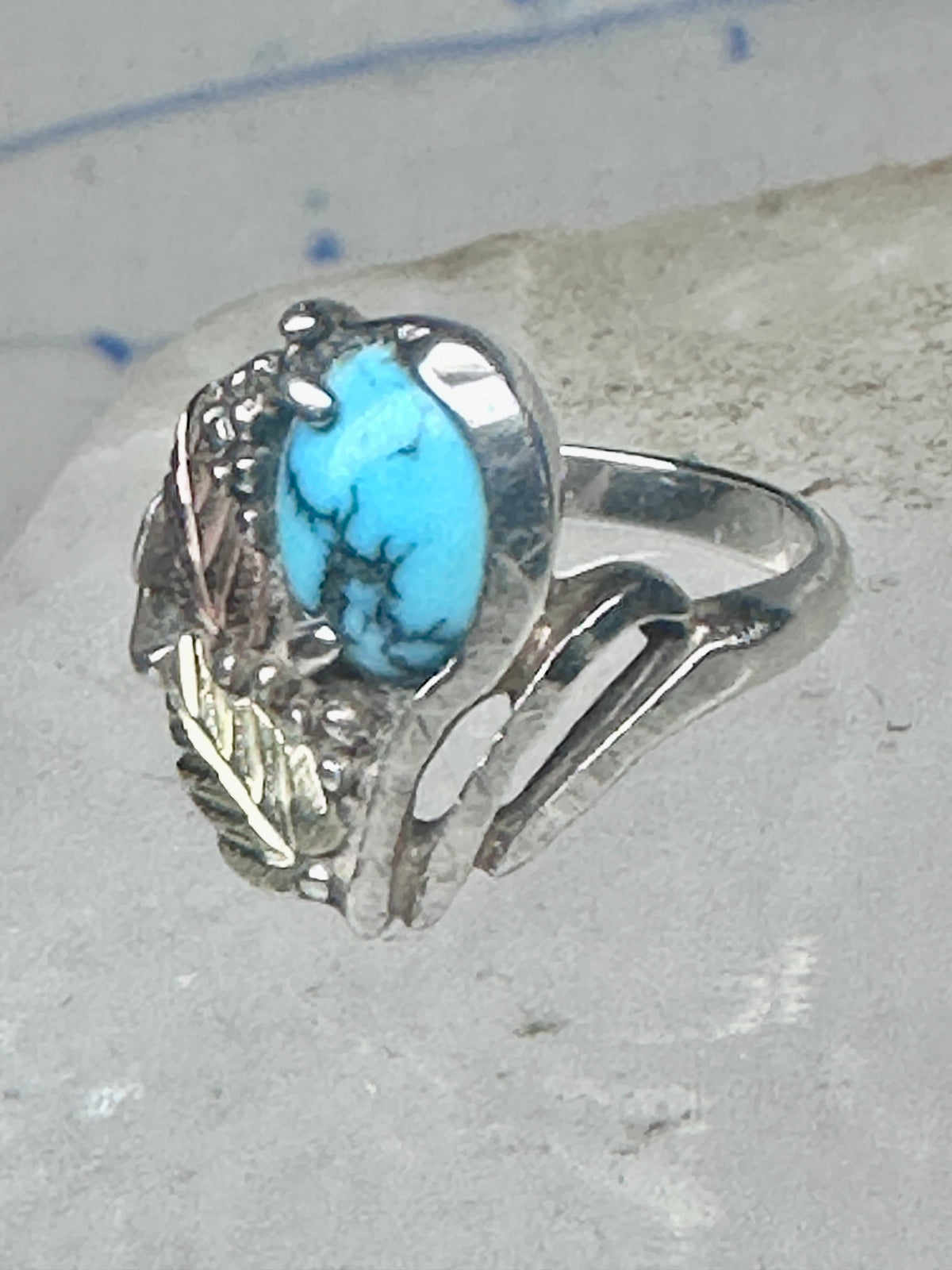 Vintage Sterling Silver Sleeping Beauty Turquoise Black Hills Gold Leaf Ring Size 5 925