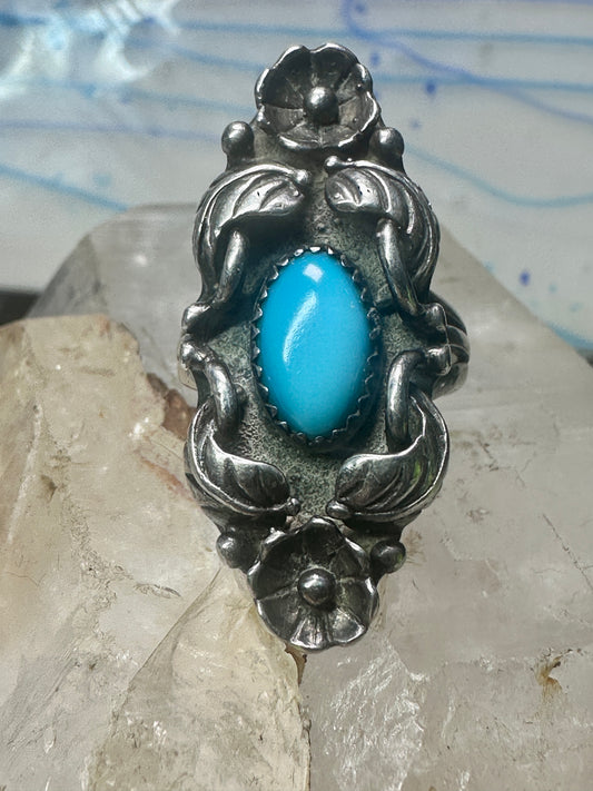 Long Navajo ring  turquoise squash blossom leaves size 7.75 sterling silver women