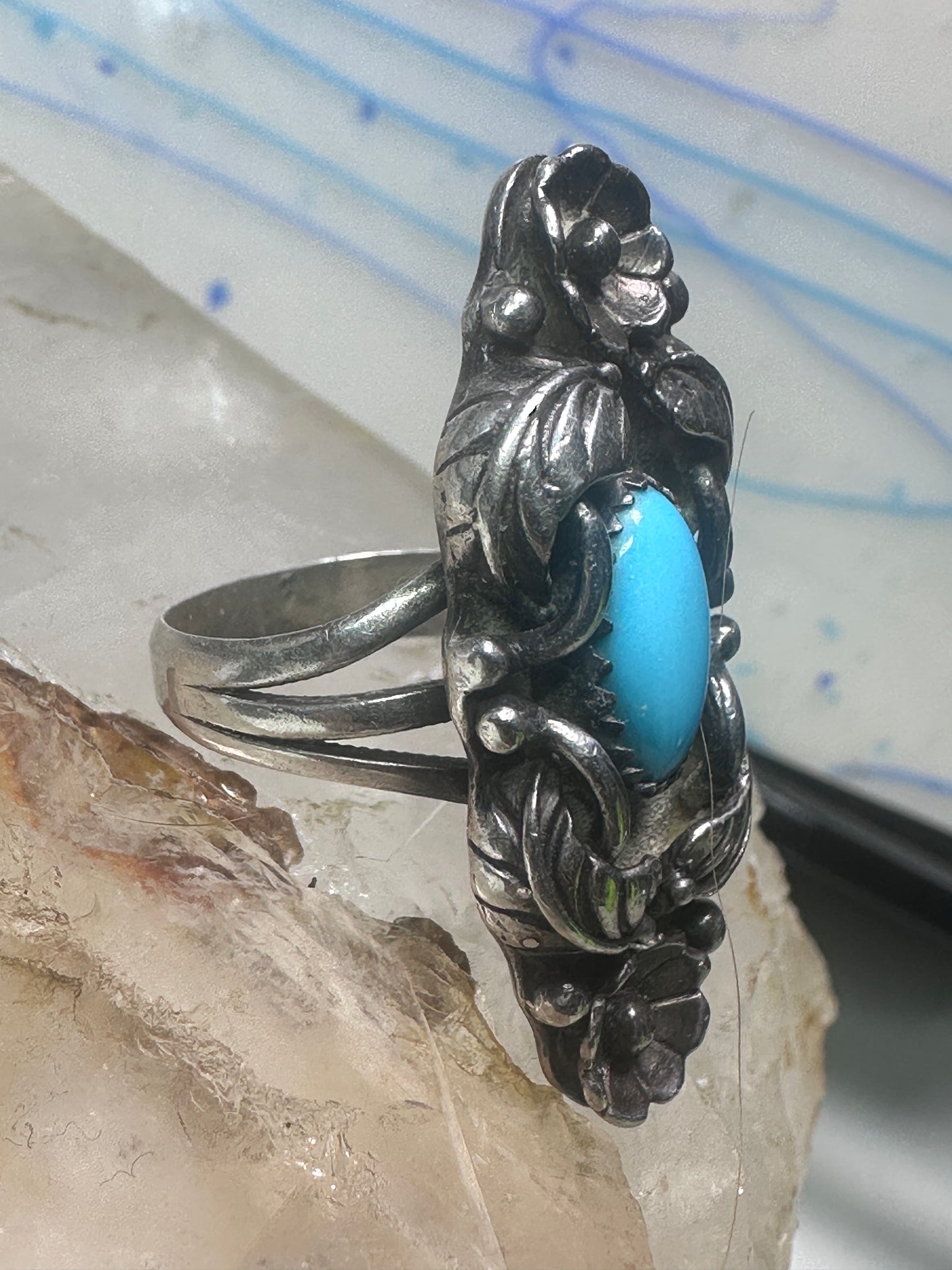 Long Navajo ring  turquoise squash blossom leaves size 7.75 sterling silver women