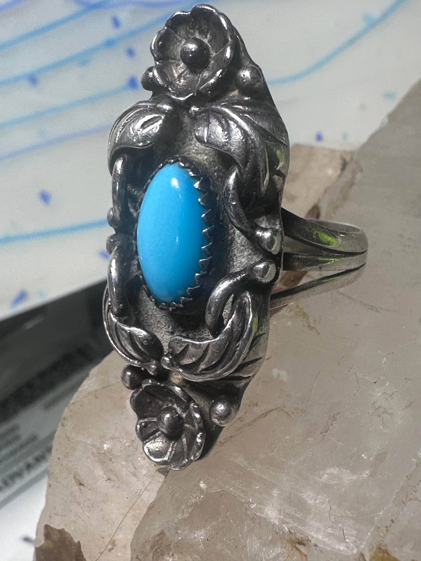 Long Navajo ring  turquoise squash blossom leaves size 7.75 sterling silver women