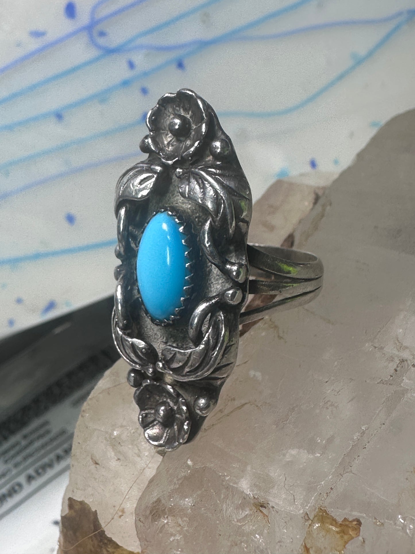 Long Navajo ring  turquoise squash blossom leaves size 7.75 sterling silver women