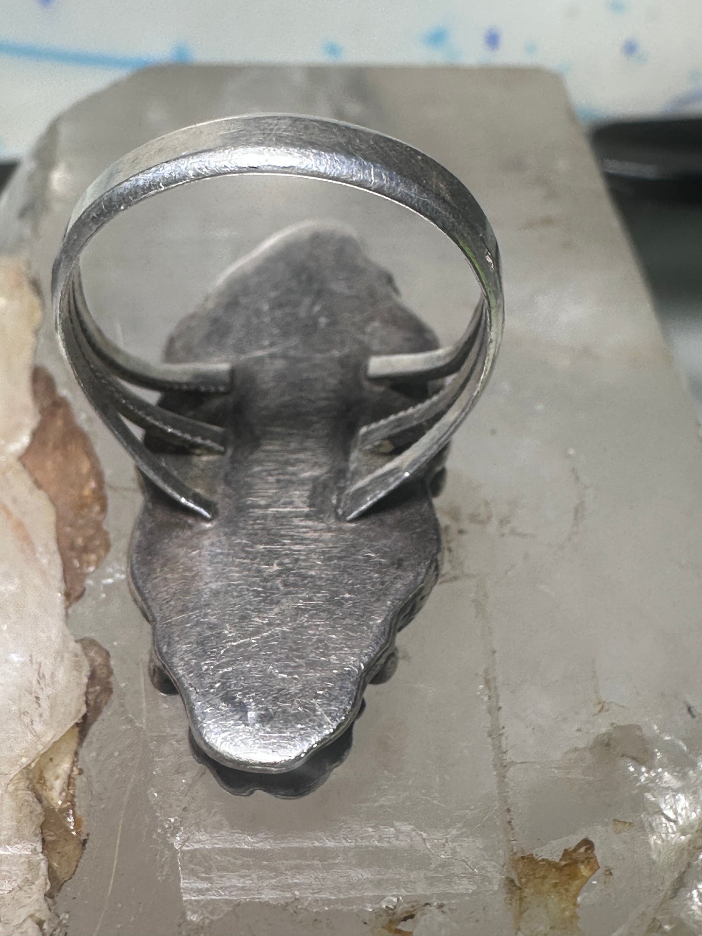 Long Navajo ring  turquoise squash blossom leaves size 7.75 sterling silver women