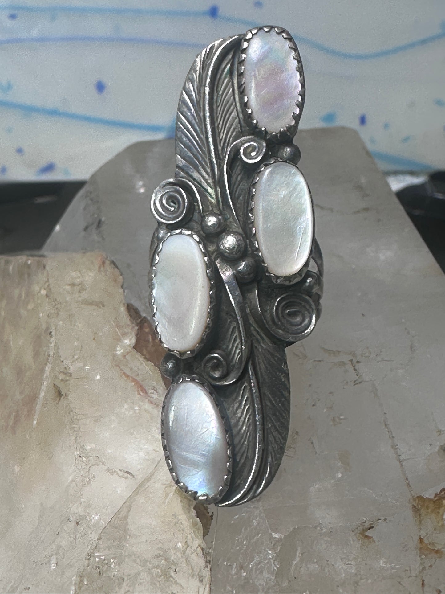 Long Navajo ring mother of pearl MOP leaves size 7.75 sterling silver women