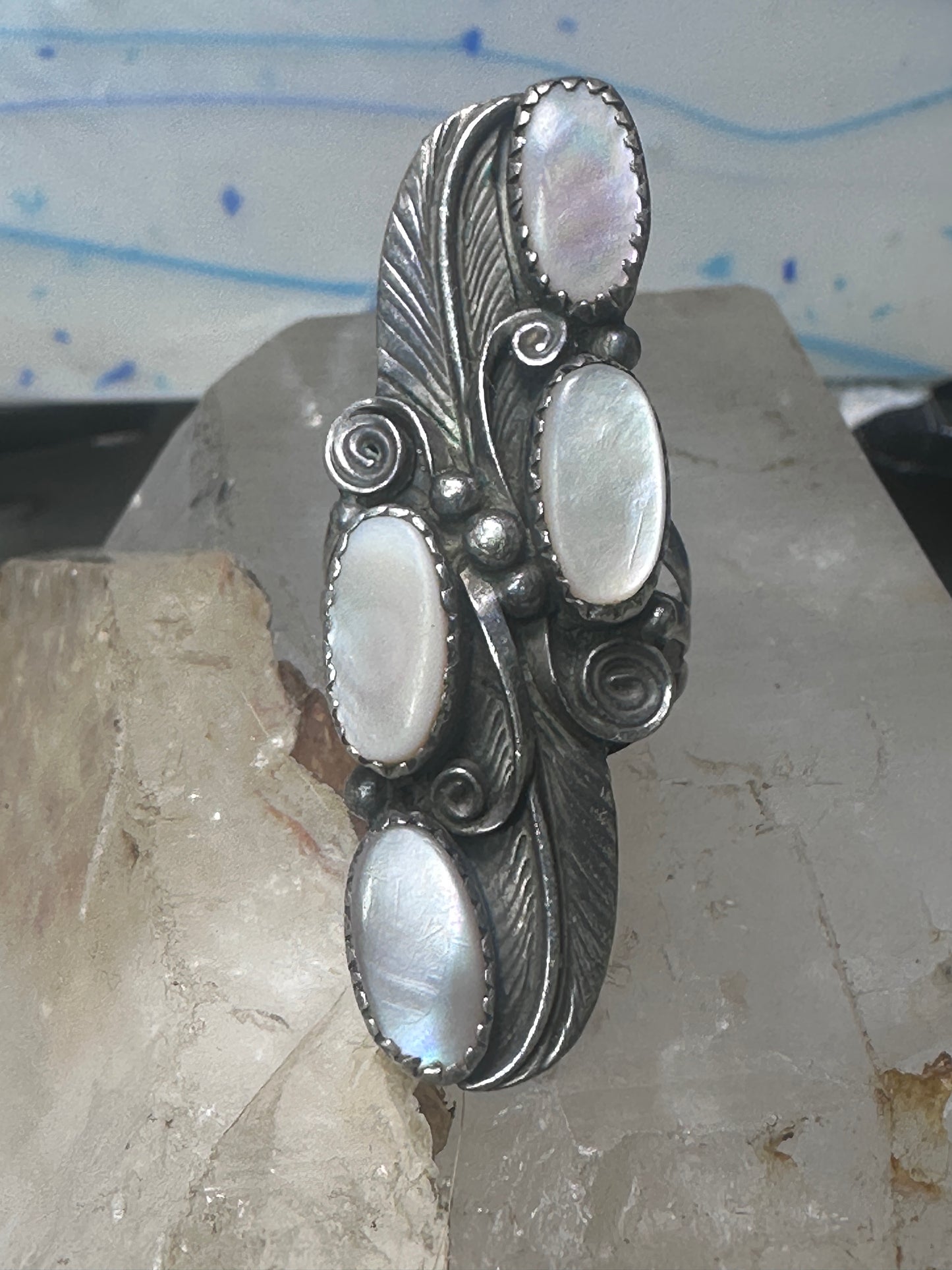 Long Navajo ring mother of pearl MOP leaves size 7.75 sterling silver women