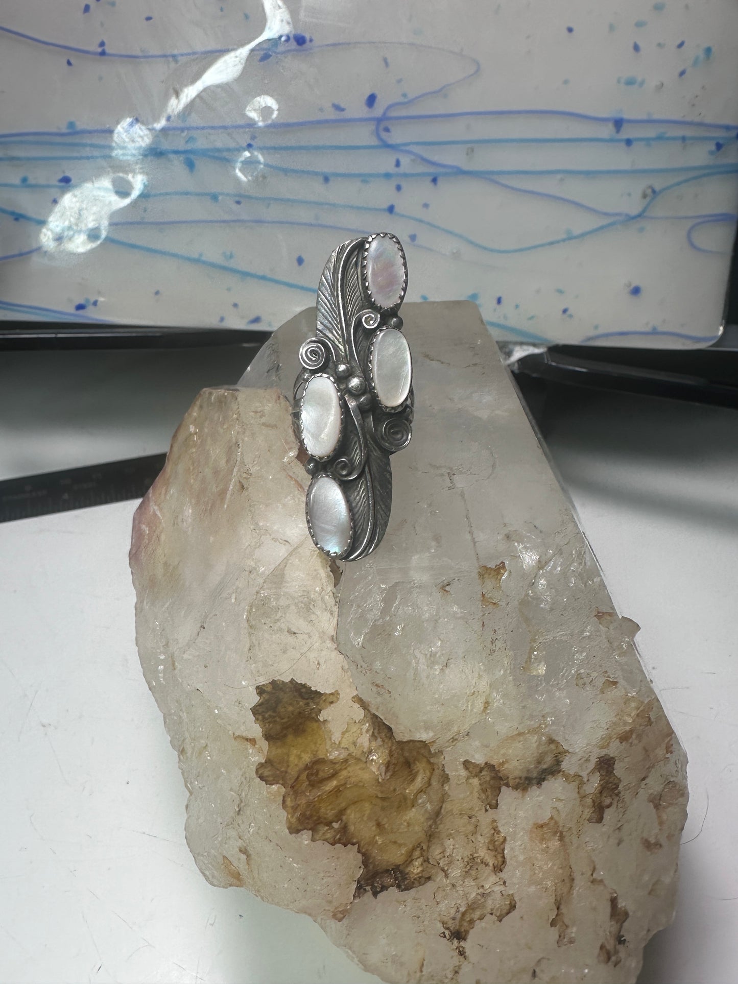 Long Navajo ring mother of pearl MOP leaves size 7.75 sterling silver women