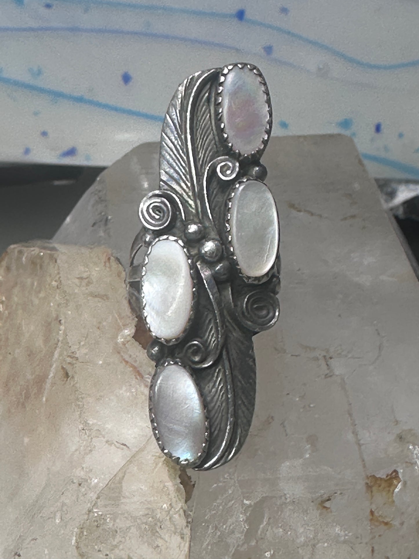 Long Navajo ring mother of pearl MOP leaves size 7.75 sterling silver women