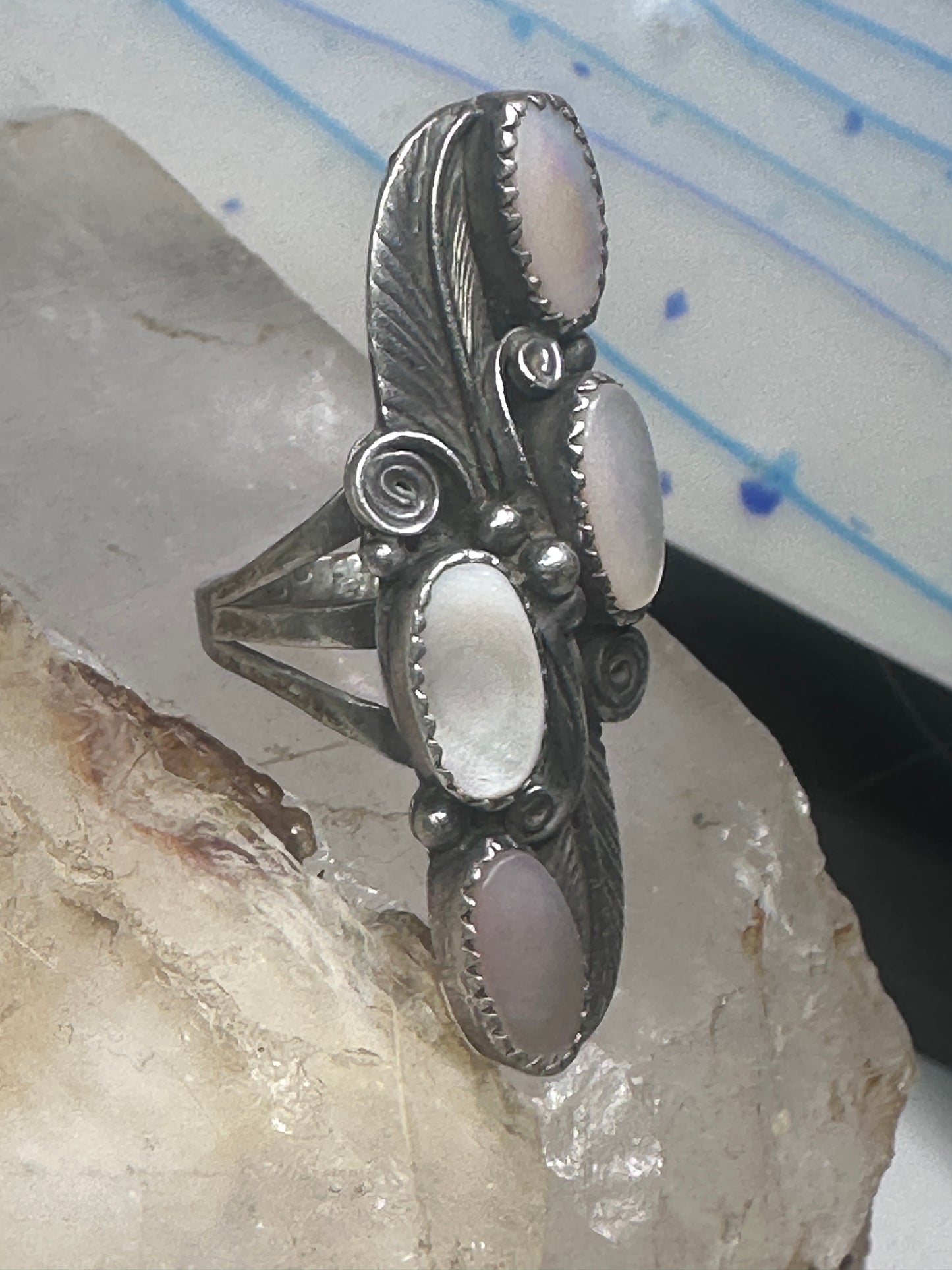 Long Navajo ring mother of pearl MOP leaves size 7.75 sterling silver women