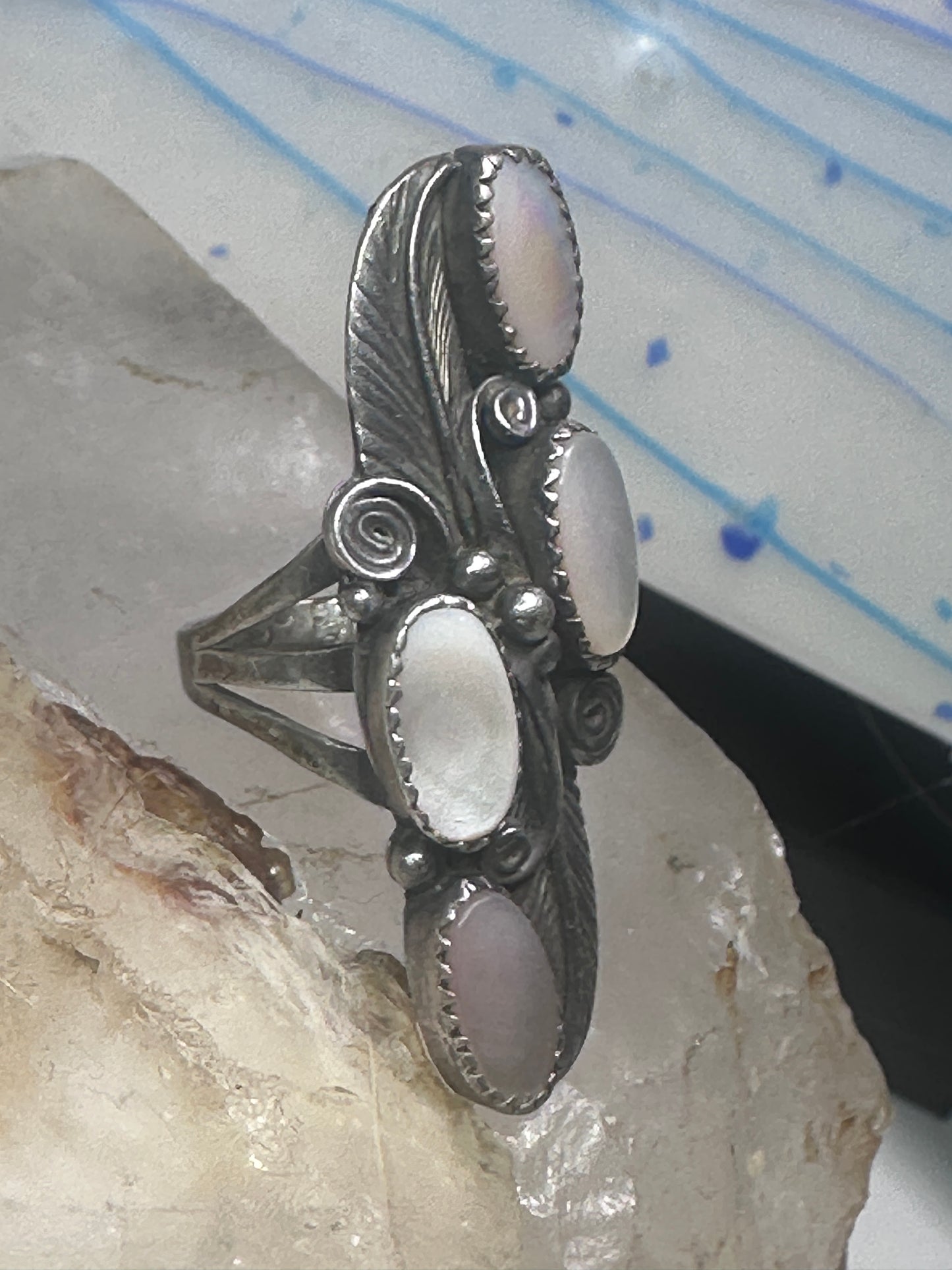 Long Navajo ring mother of pearl MOP leaves size 7.75 sterling silver women