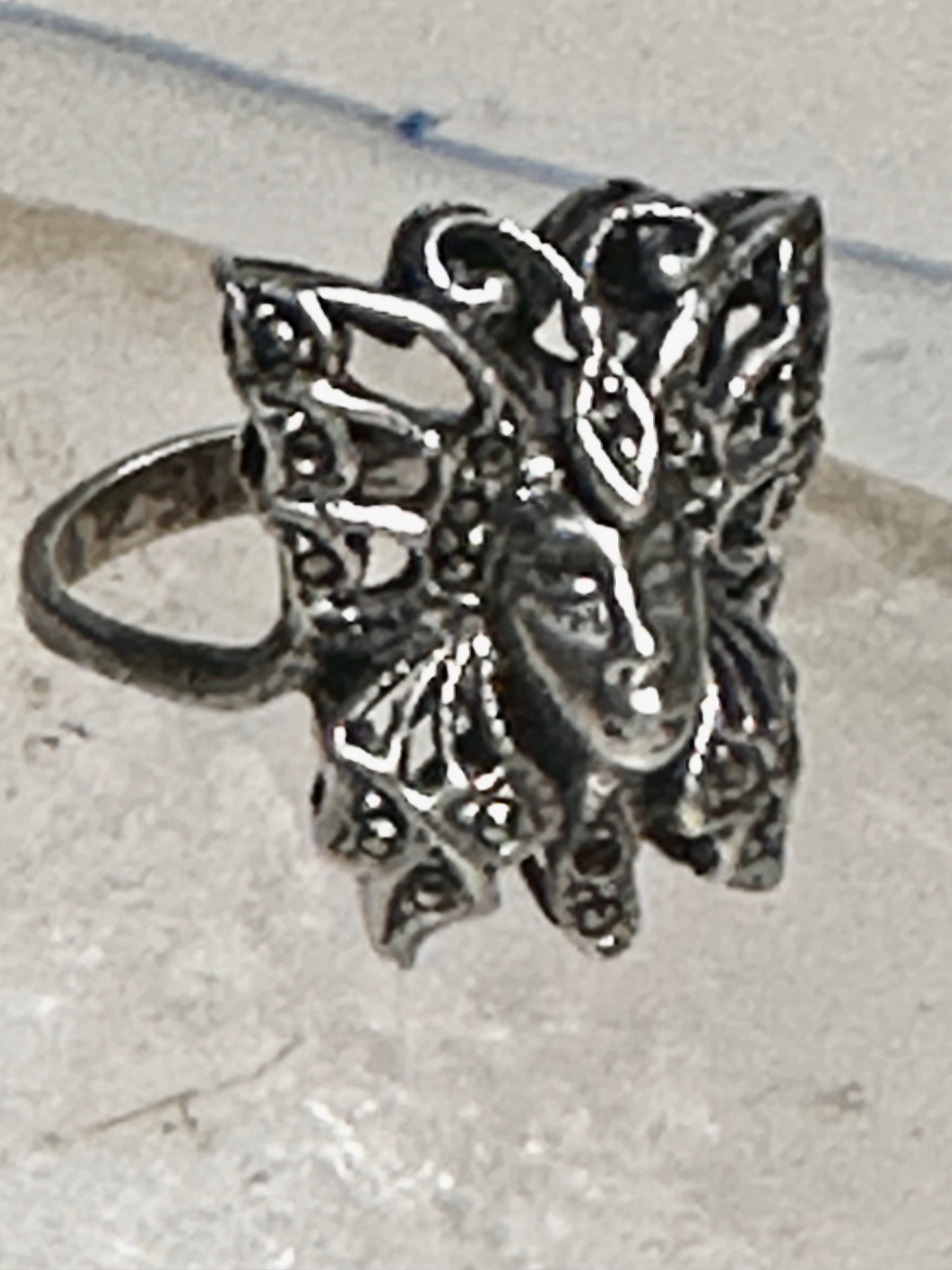 Butterfly ring Lady Face Art Deco size 6 marcasites  sterling silver band women girls