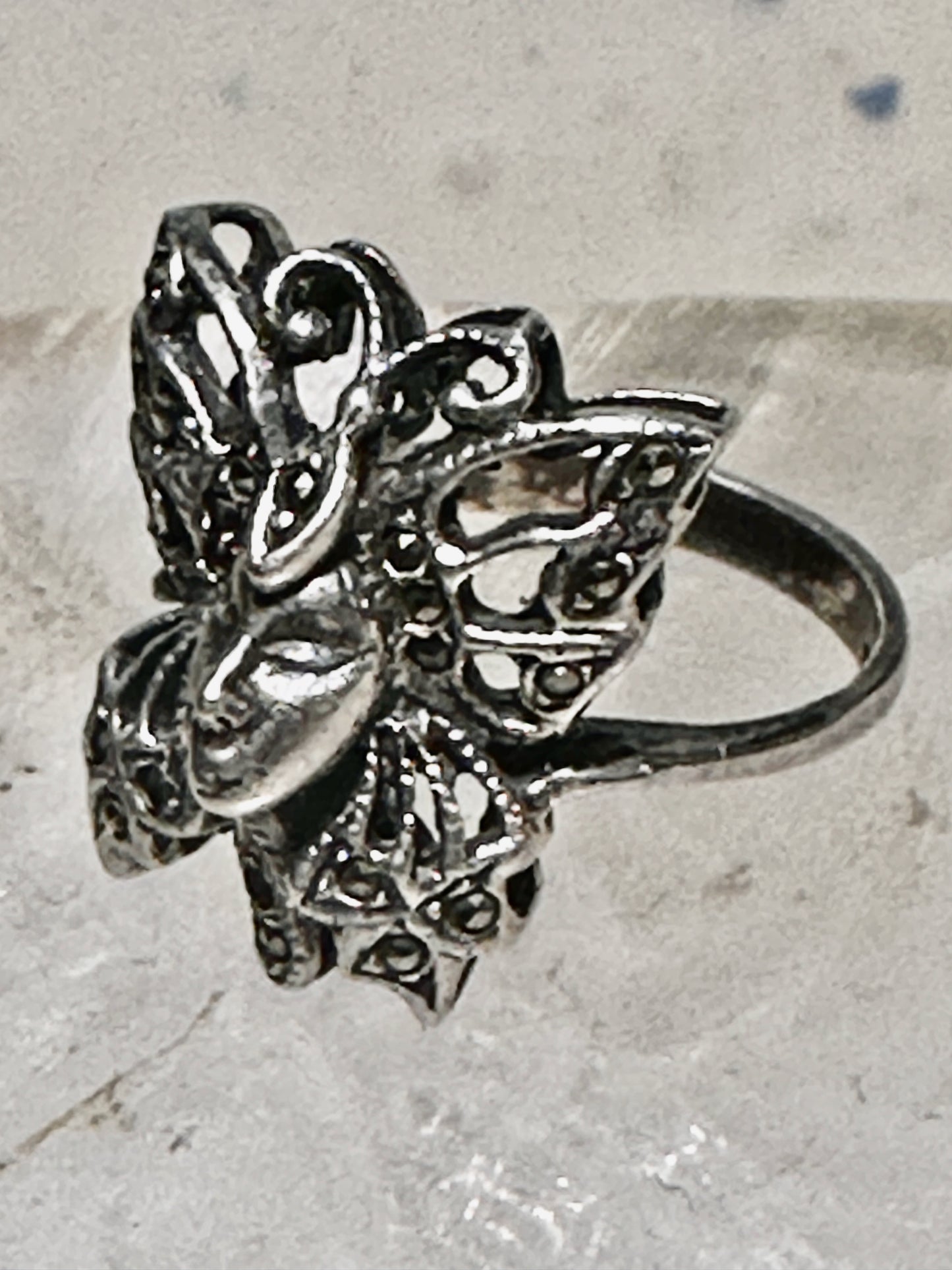 Butterfly ring Lady Face Art Deco size 6 marcasites  sterling silver band women girls