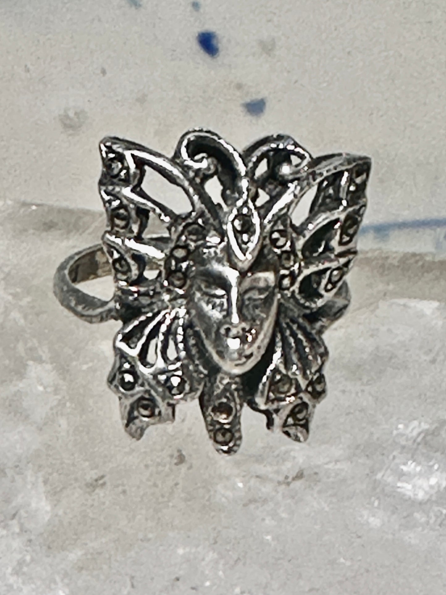 Butterfly ring Lady Face Art Deco size 6 marcasites  sterling silver band women girls