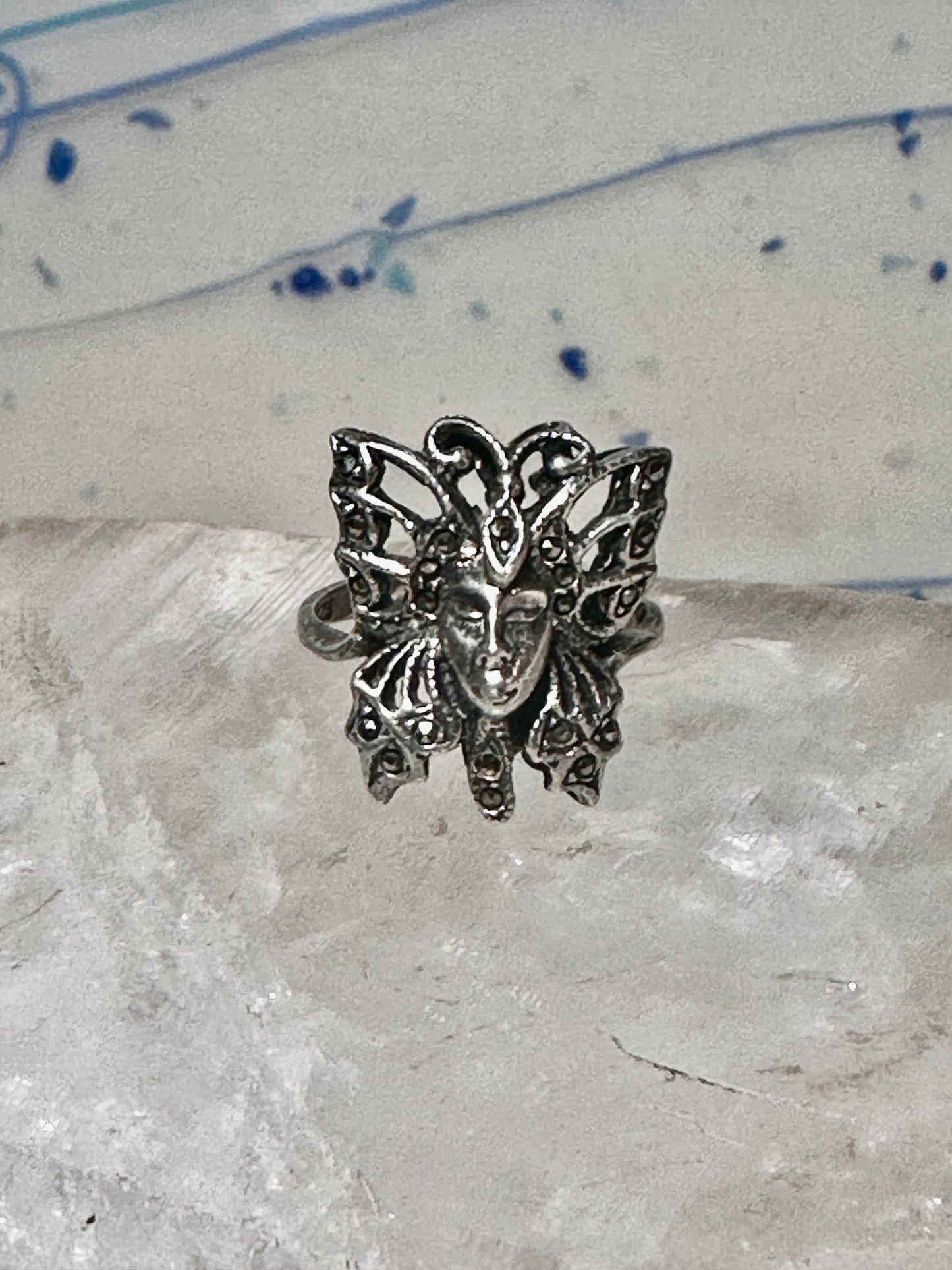 Butterfly ring Lady Face Art Deco size 6 marcasites  sterling silver band women girls