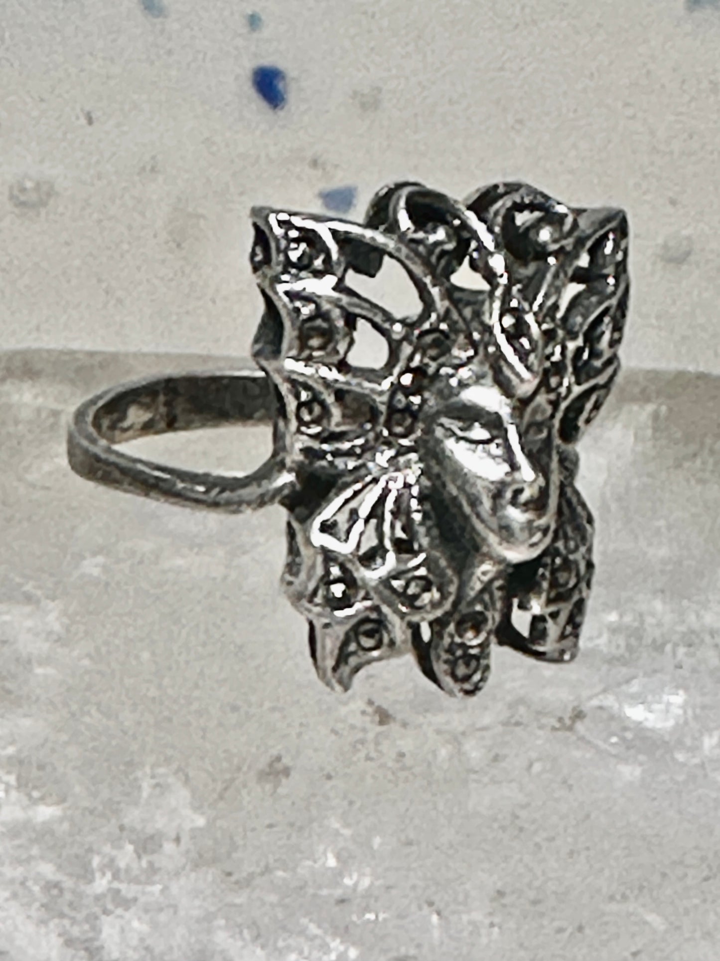 Butterfly ring Lady Face Art Deco size 6 marcasites  sterling silver band women girls