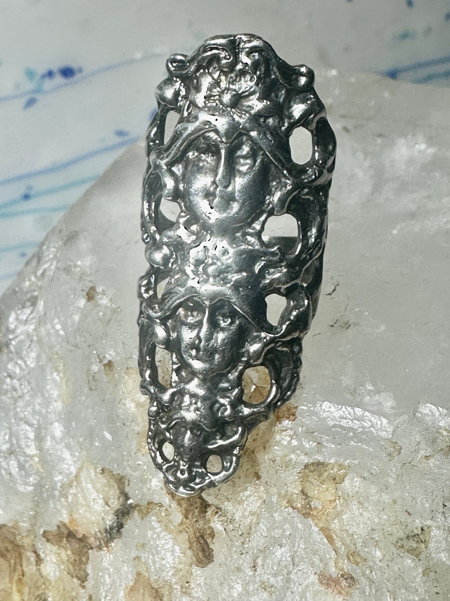 Long 3 faces ring Art Deco Nouveau face size 5.25 sterling silver women