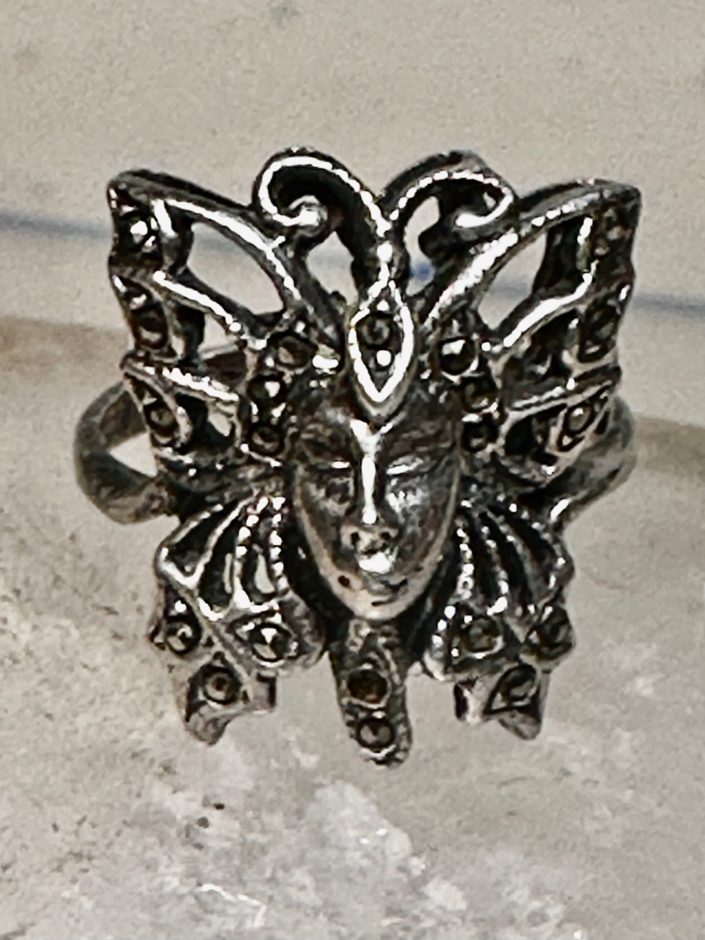 Butterfly ring Lady Face Art Deco size 6 marcasites  sterling silver band women girls