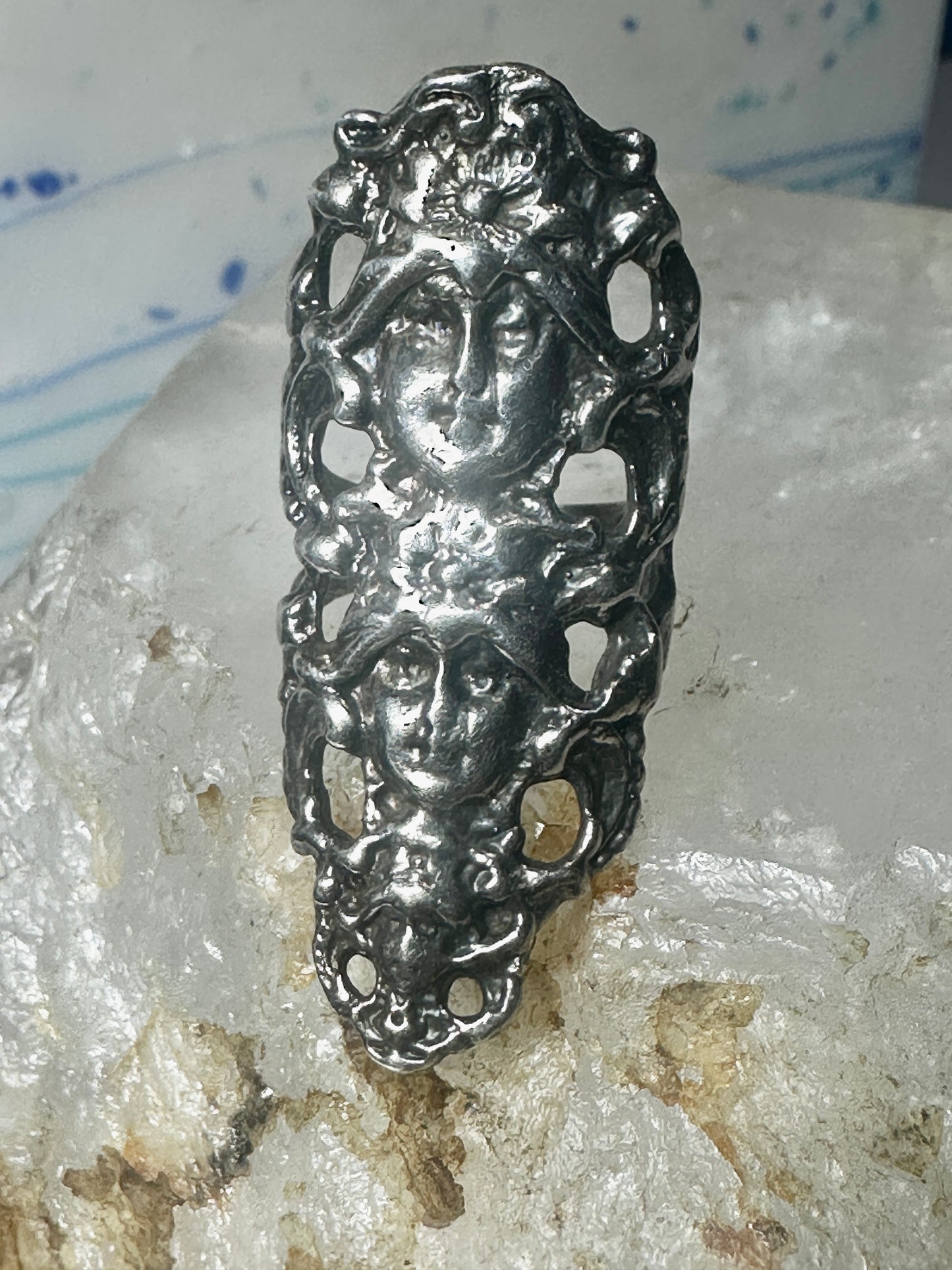 Long 3 faces ring Art Deco Nouveau face size 5.25 sterling silver women