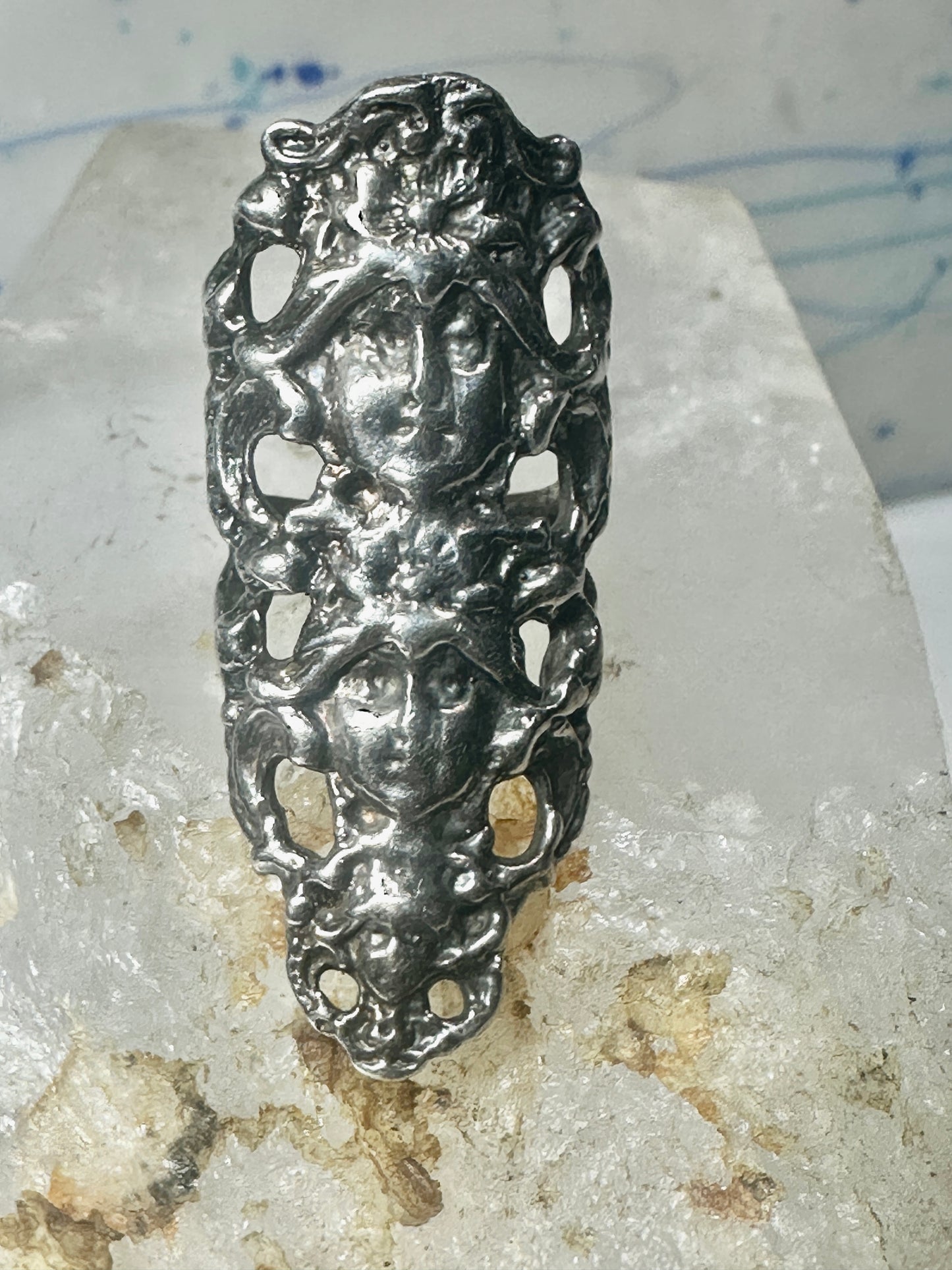 Long 3 faces ring Art Deco Nouveau face size 5.25 sterling silver women