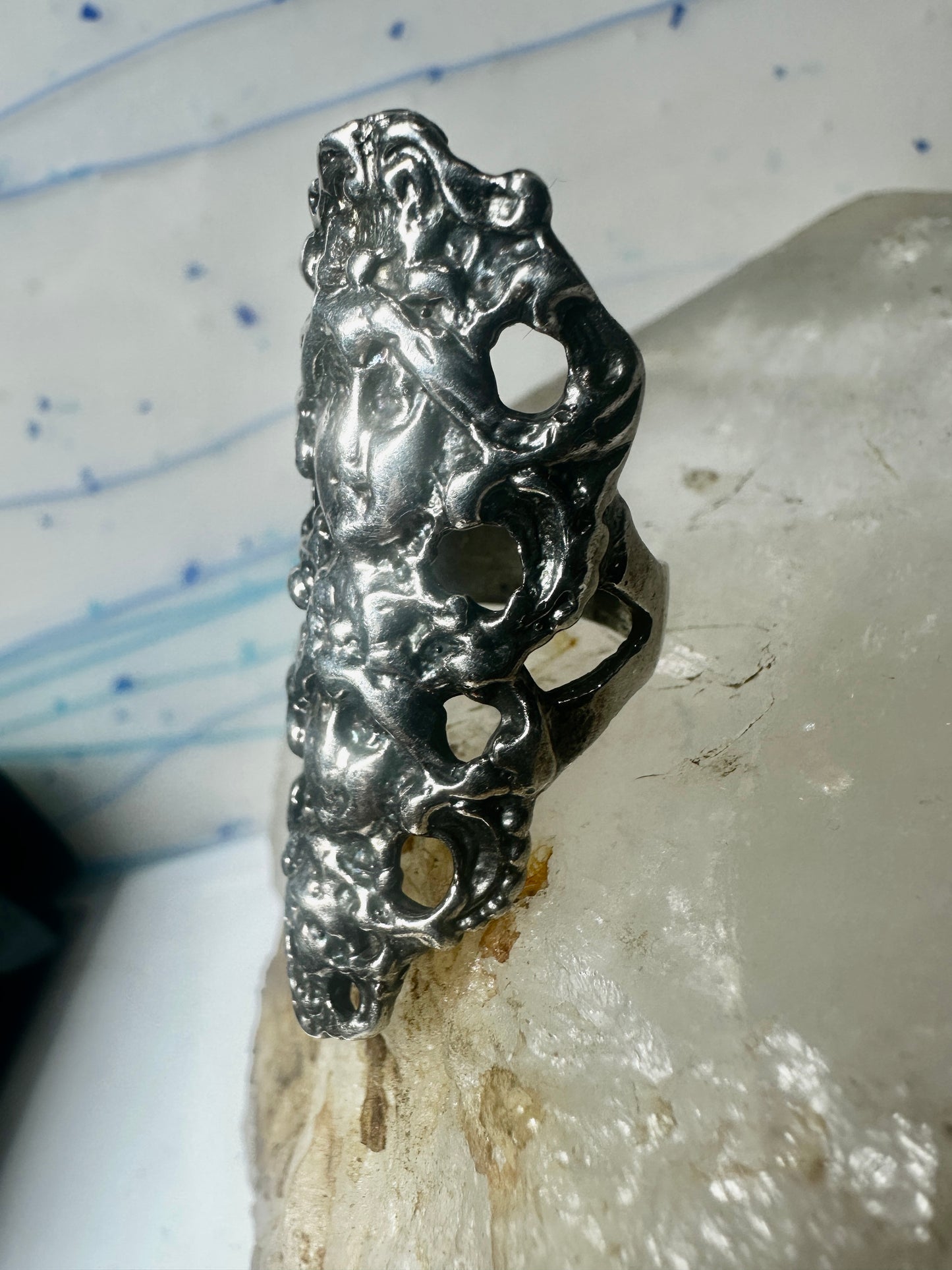 Long 3 faces ring Art Deco Nouveau face size 5.25 sterling silver women