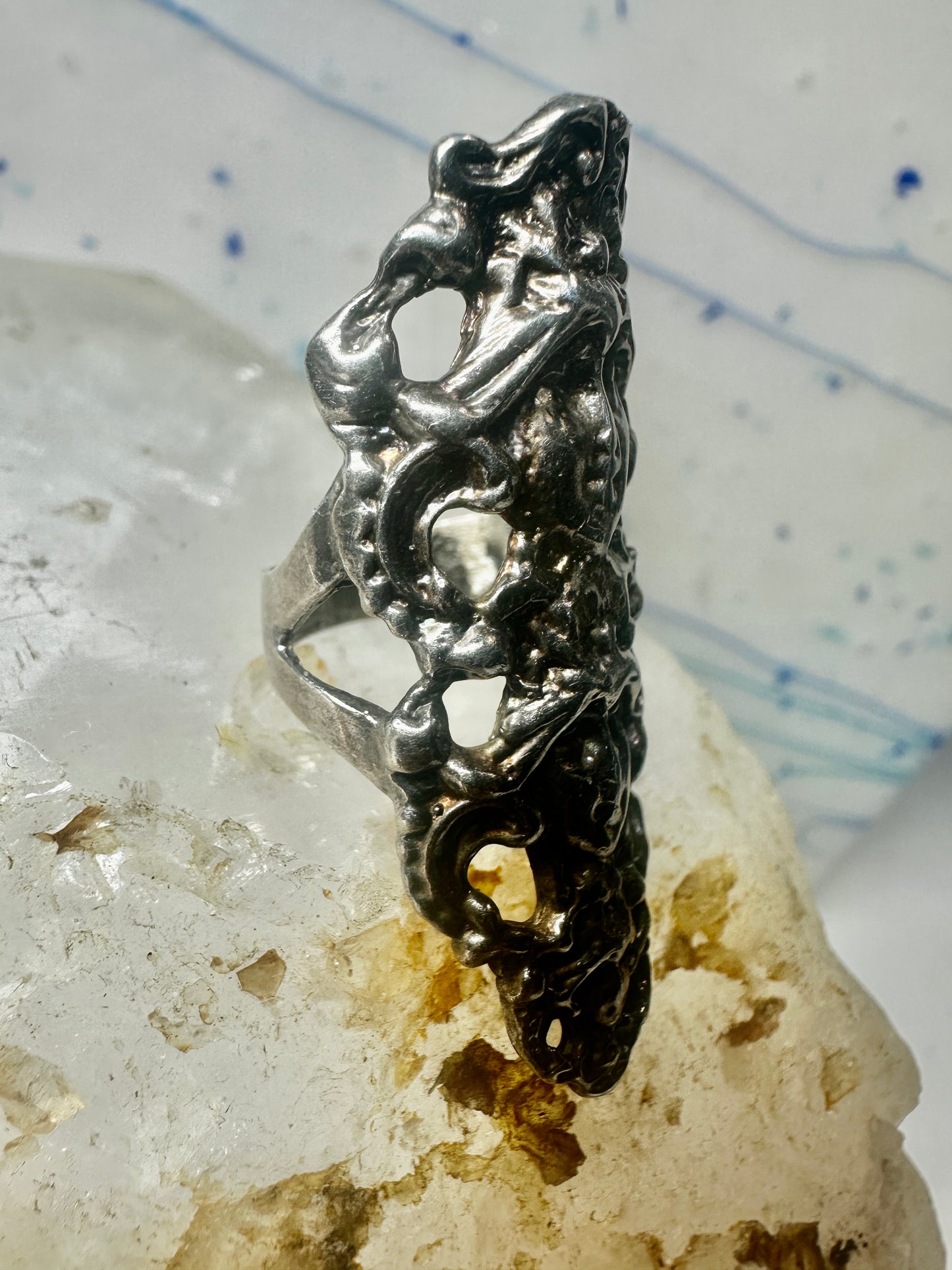 Long 3 faces ring Art Deco Nouveau face size 5.25 sterling silver women