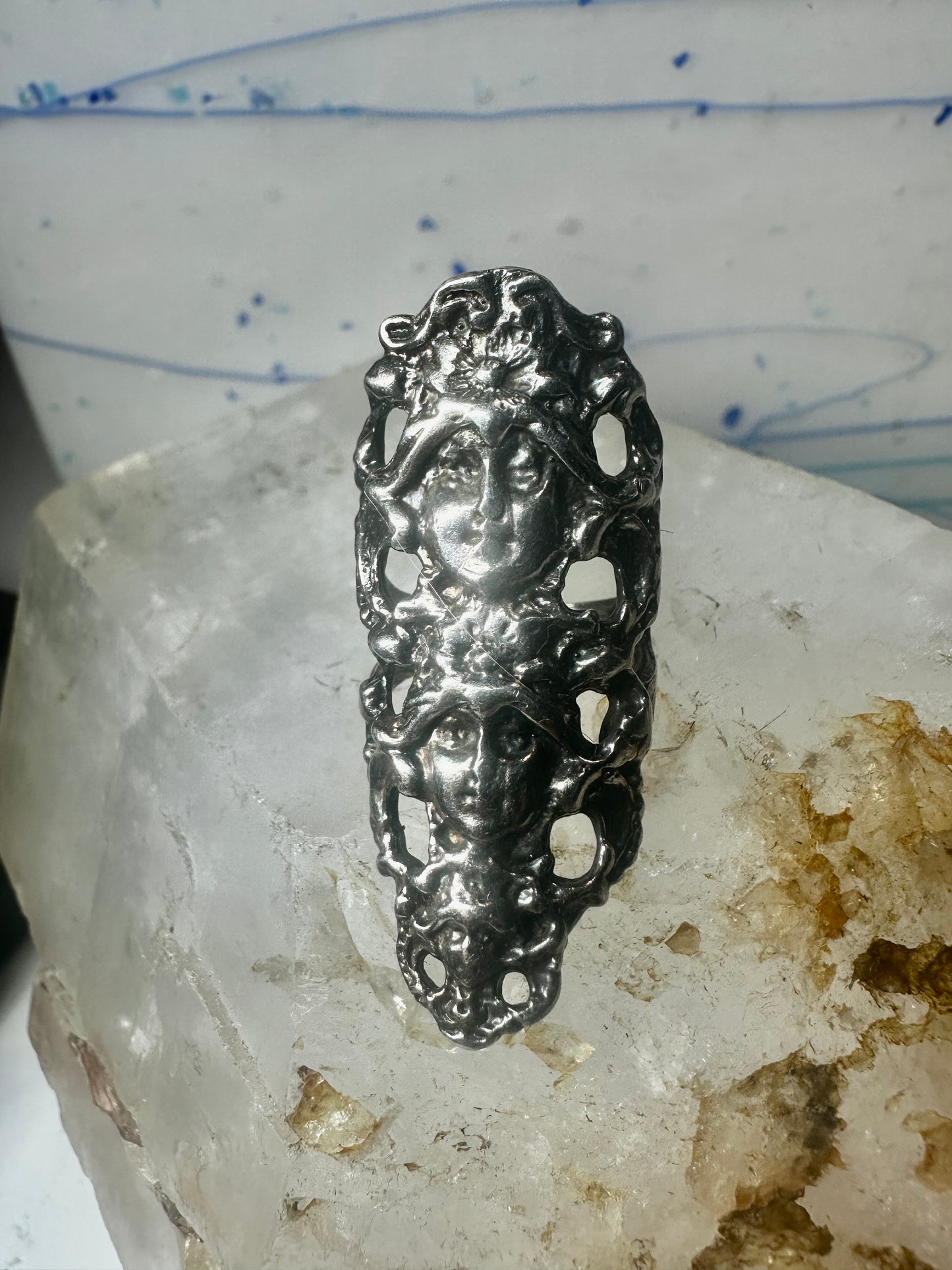 Long 3 faces ring Art Deco Nouveau face size 5.25 sterling silver women