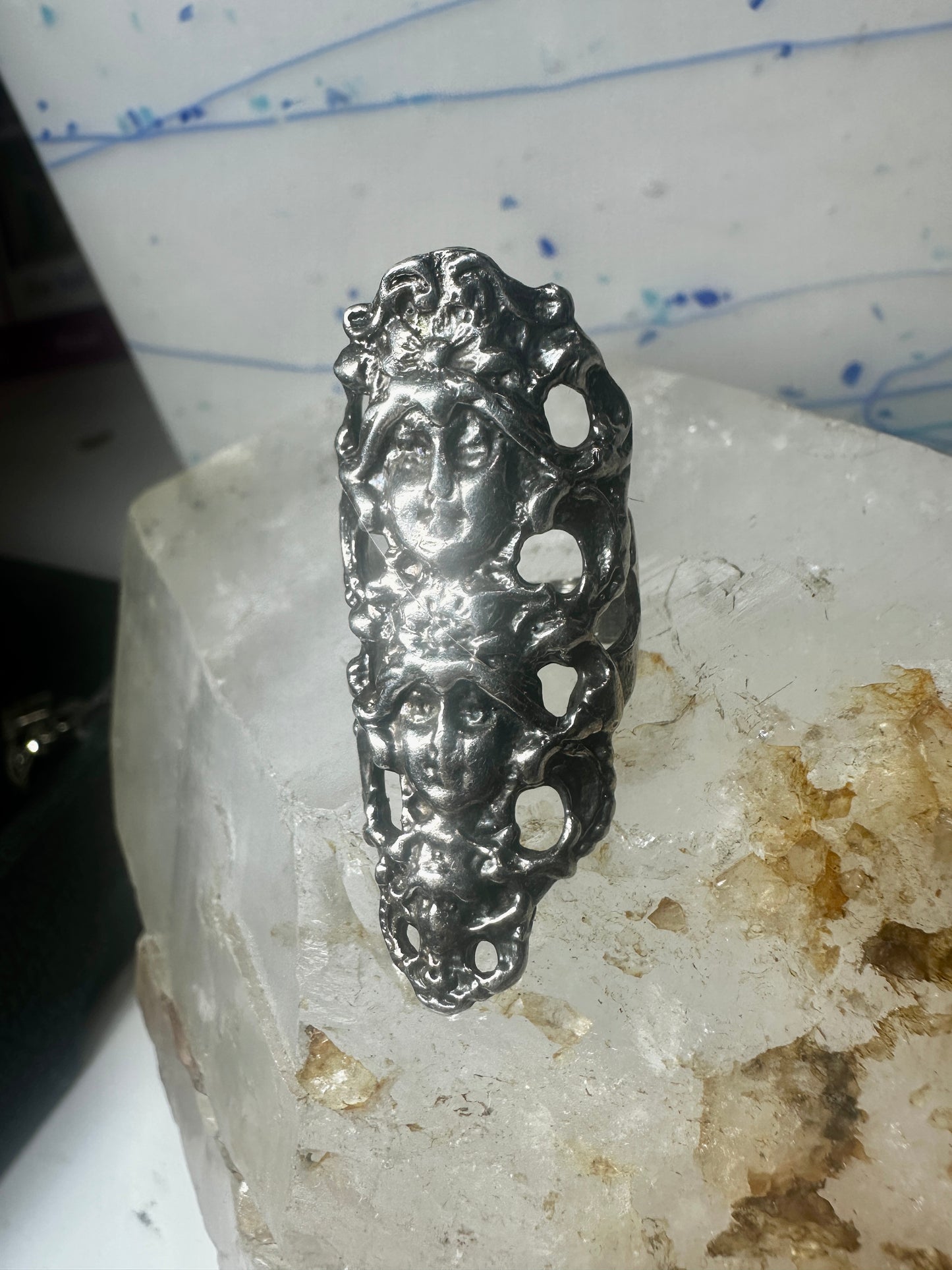 Long 3 faces ring Art Deco Nouveau face size 5.25 sterling silver women