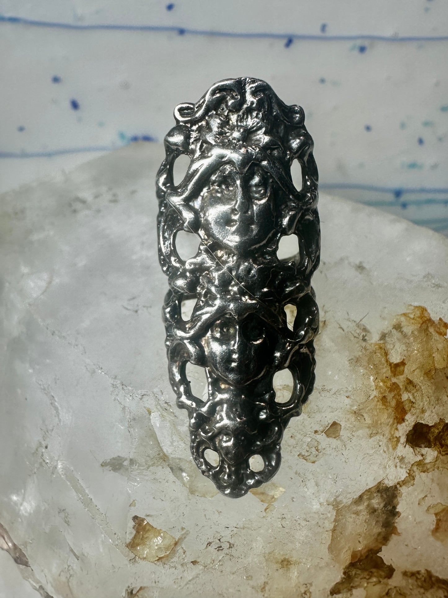 Long 3 faces ring Art Deco Nouveau face size 5.25 sterling silver women