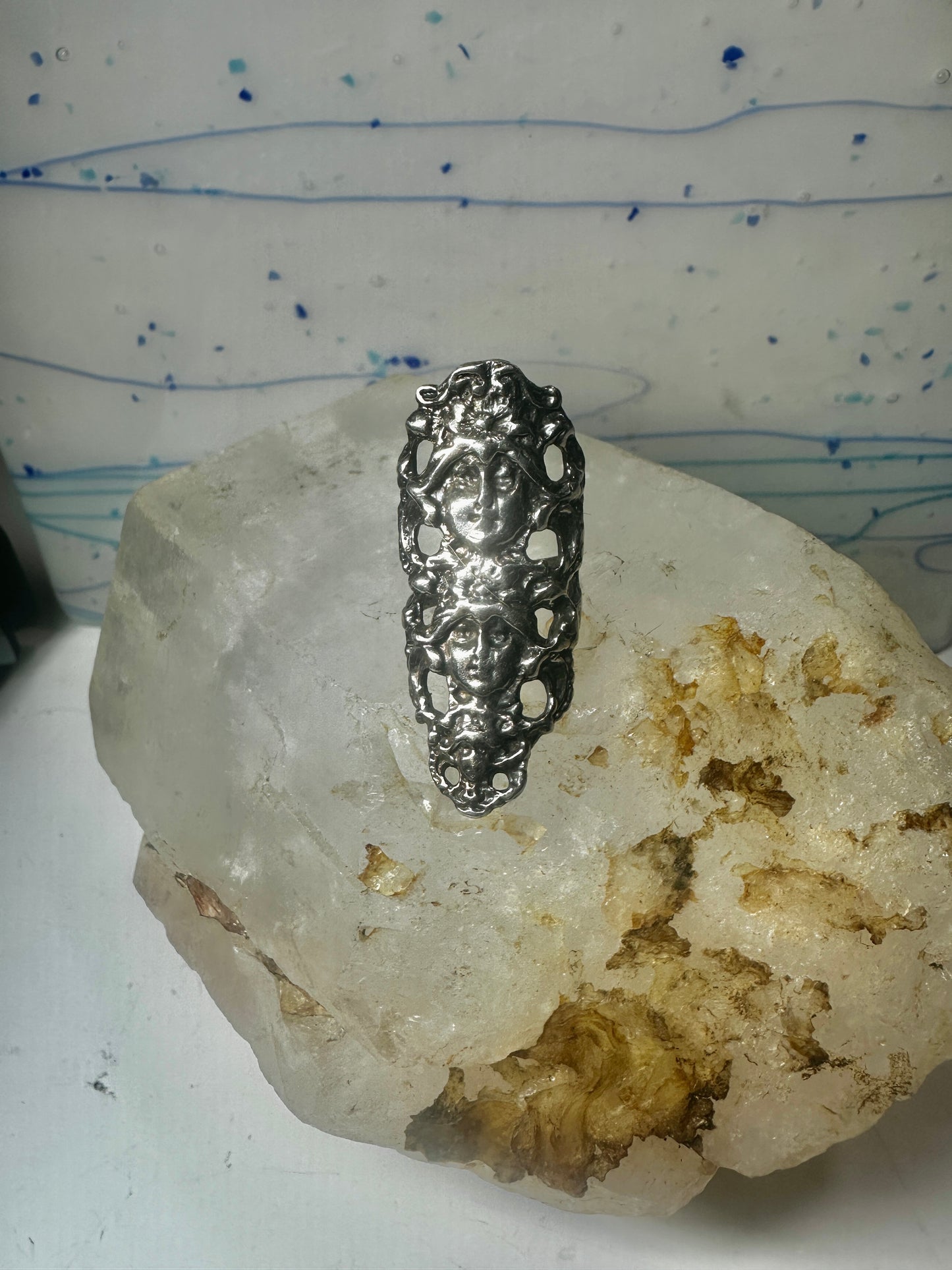 Long 3 faces ring Art Deco Nouveau face size 5.25 sterling silver women